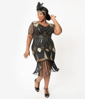 Unique Vintage Plus Size 1920s Gold Sequin & Black Fringe Katriane Flapper Dress