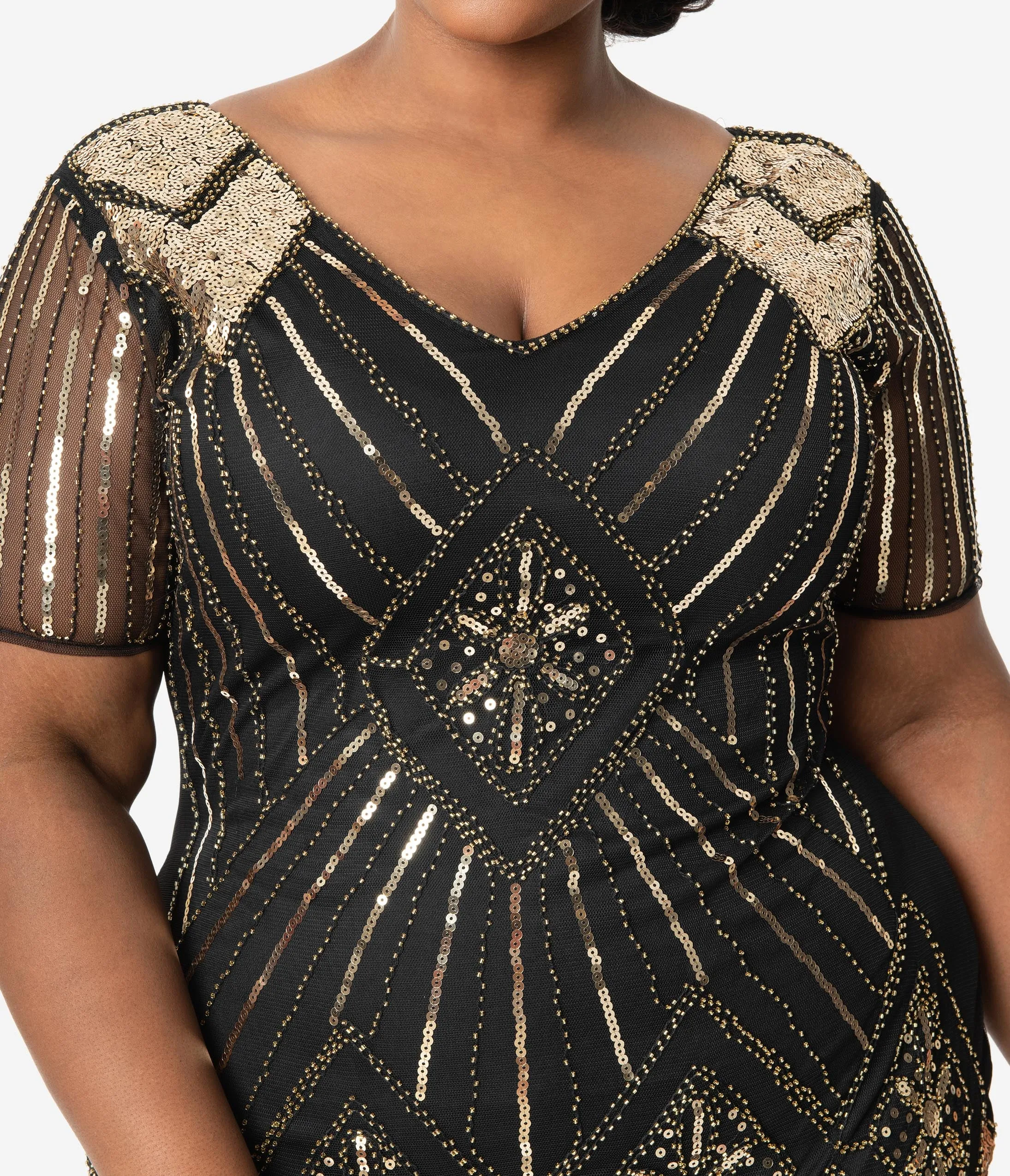 Unique Vintage Plus Size 1920s Gold Sequin & Black Fringe Katriane Flapper Dress