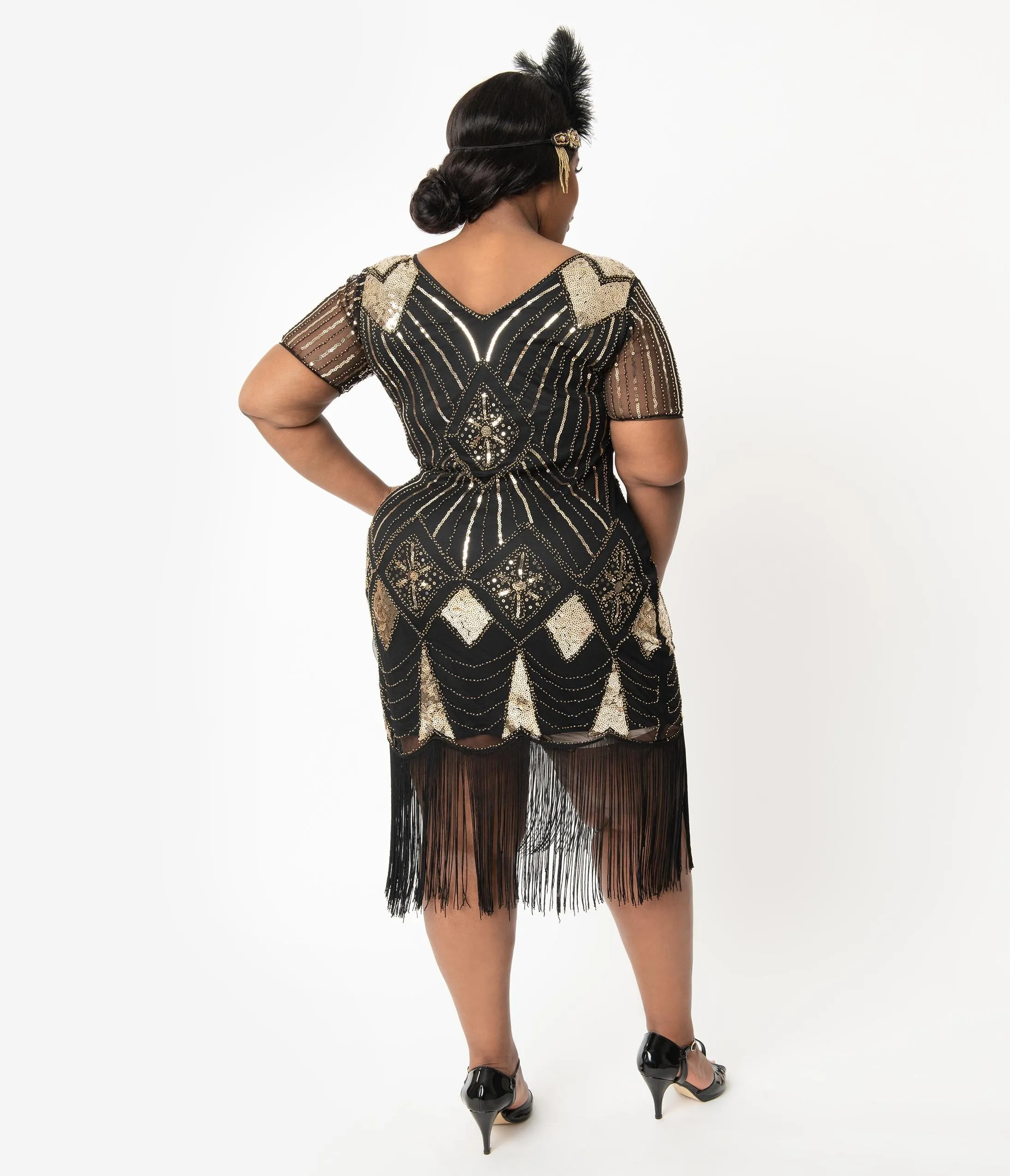 Unique Vintage Plus Size 1920s Gold Sequin & Black Fringe Katriane Flapper Dress