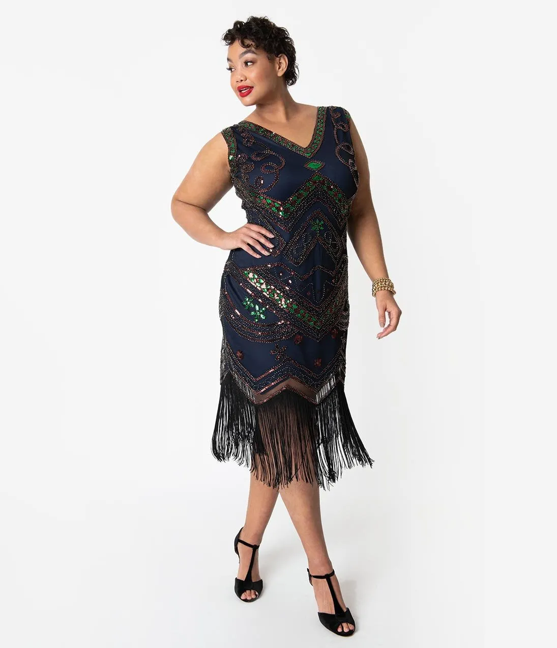 Unique Vintage Plus Size 1920s Navy Beaded & Black Fringe Fernande Flapper Dress