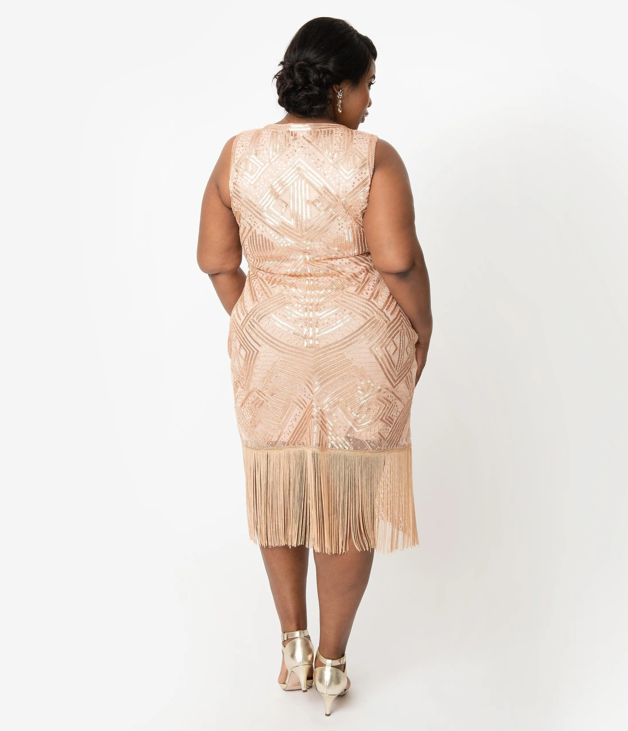 Unique Vintage Plus Size 1920s Style Blush Pink Sequin Sleeveless Fringe Calais Flapper Dress