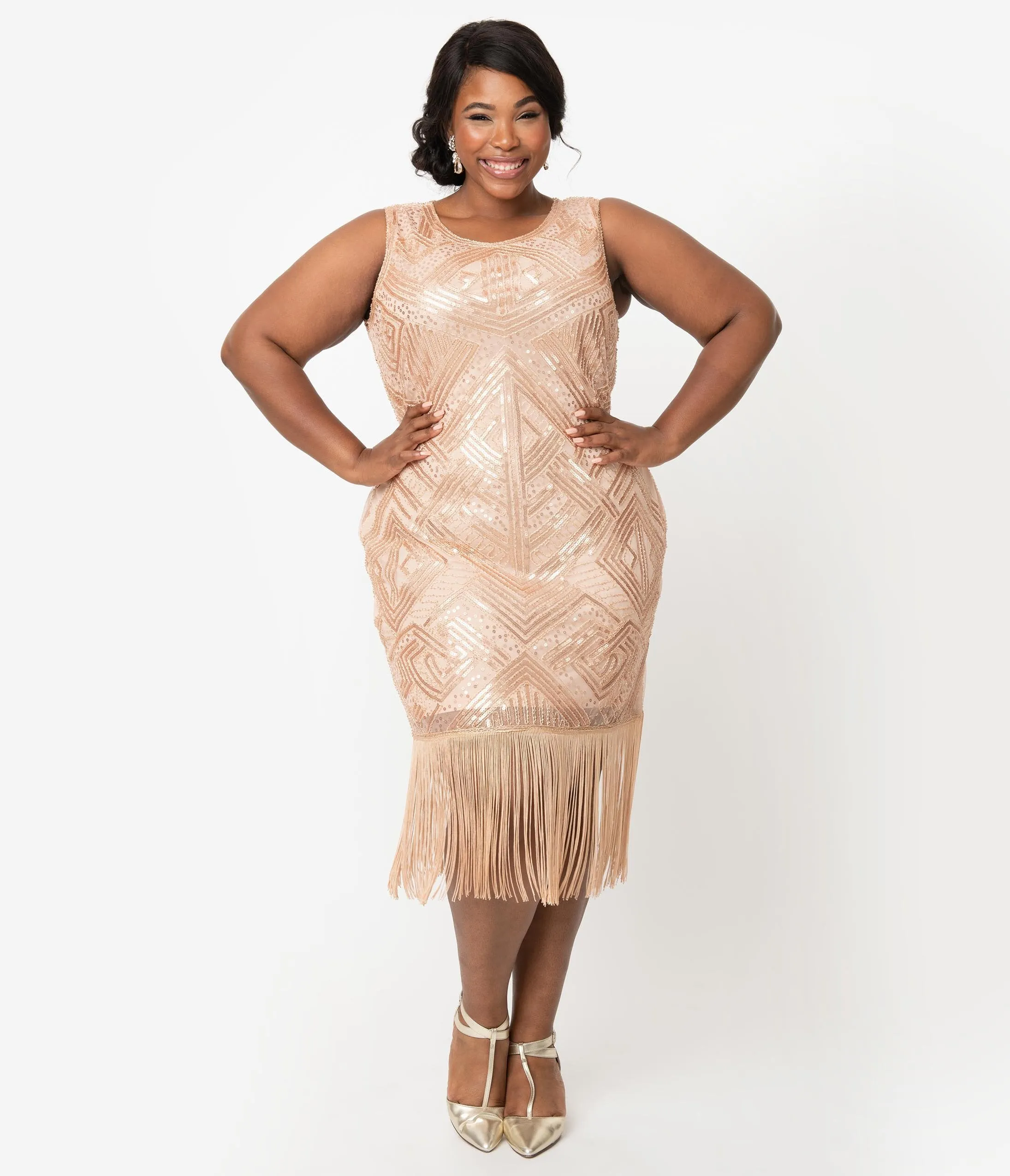 Unique Vintage Plus Size 1920s Style Blush Pink Sequin Sleeveless Fringe Calais Flapper Dress