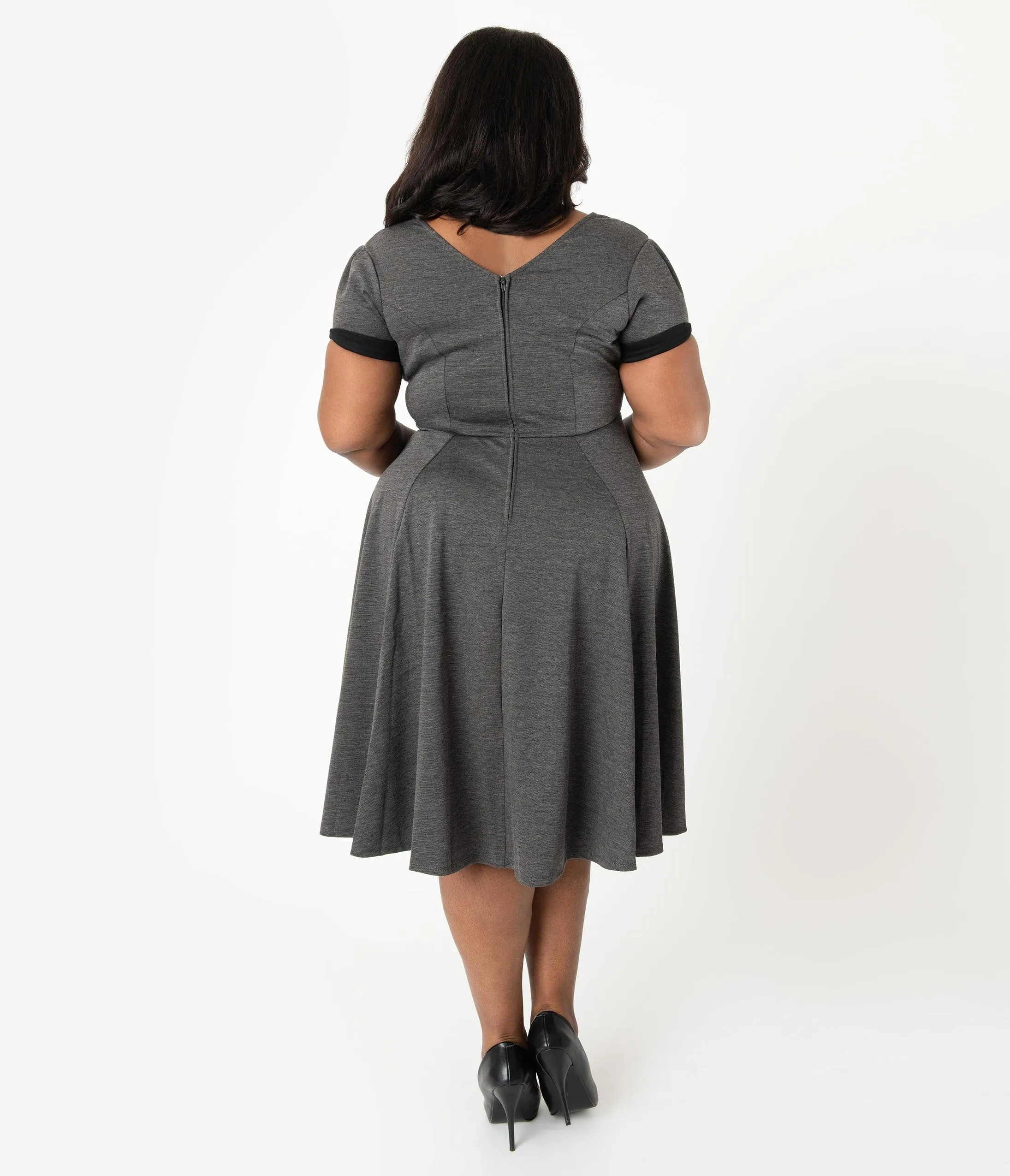 Unique Vintage Plus Size 1940s Style Grey & Black Natalie Swing Dress