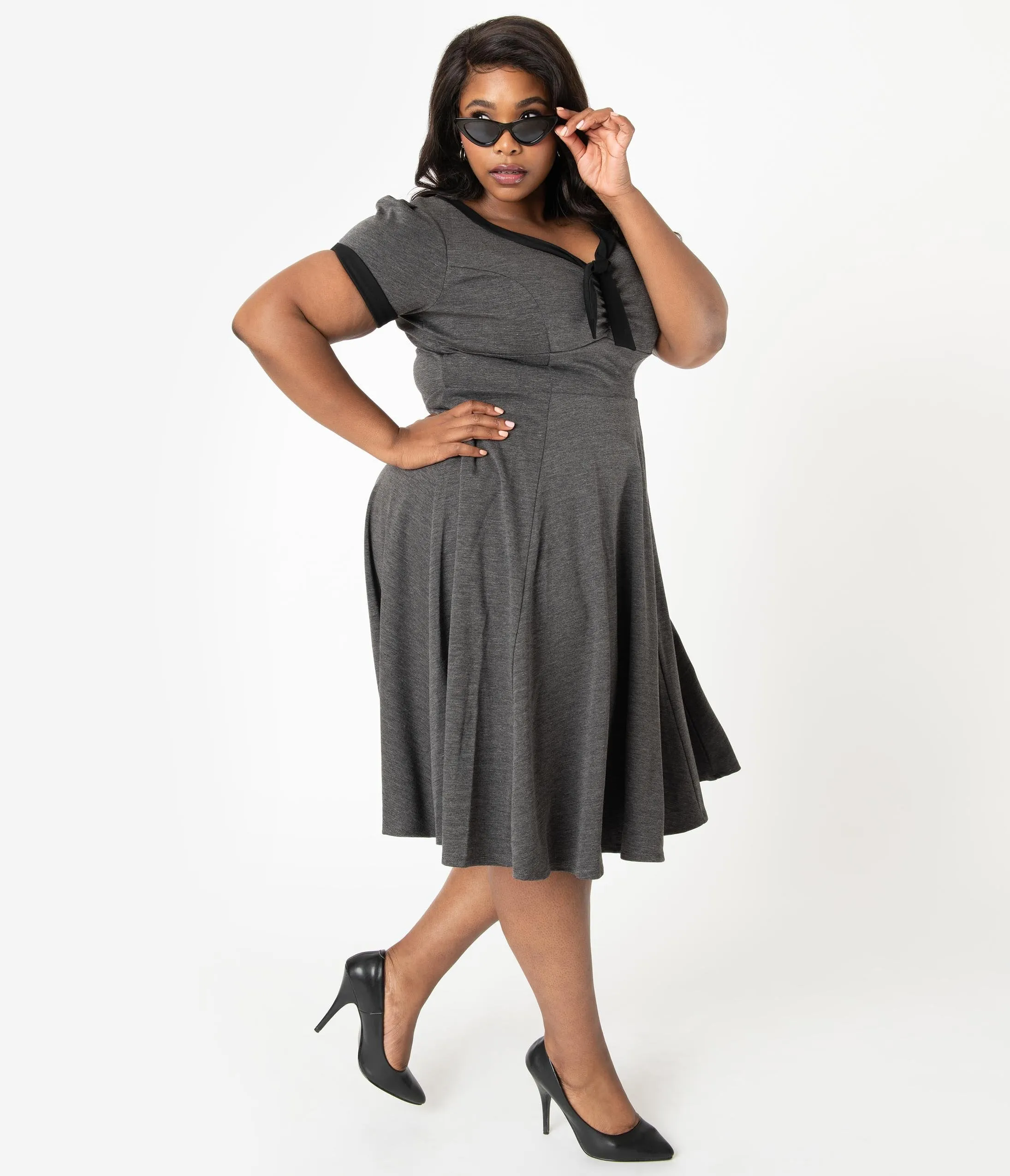 Unique Vintage Plus Size 1940s Style Grey & Black Natalie Swing Dress