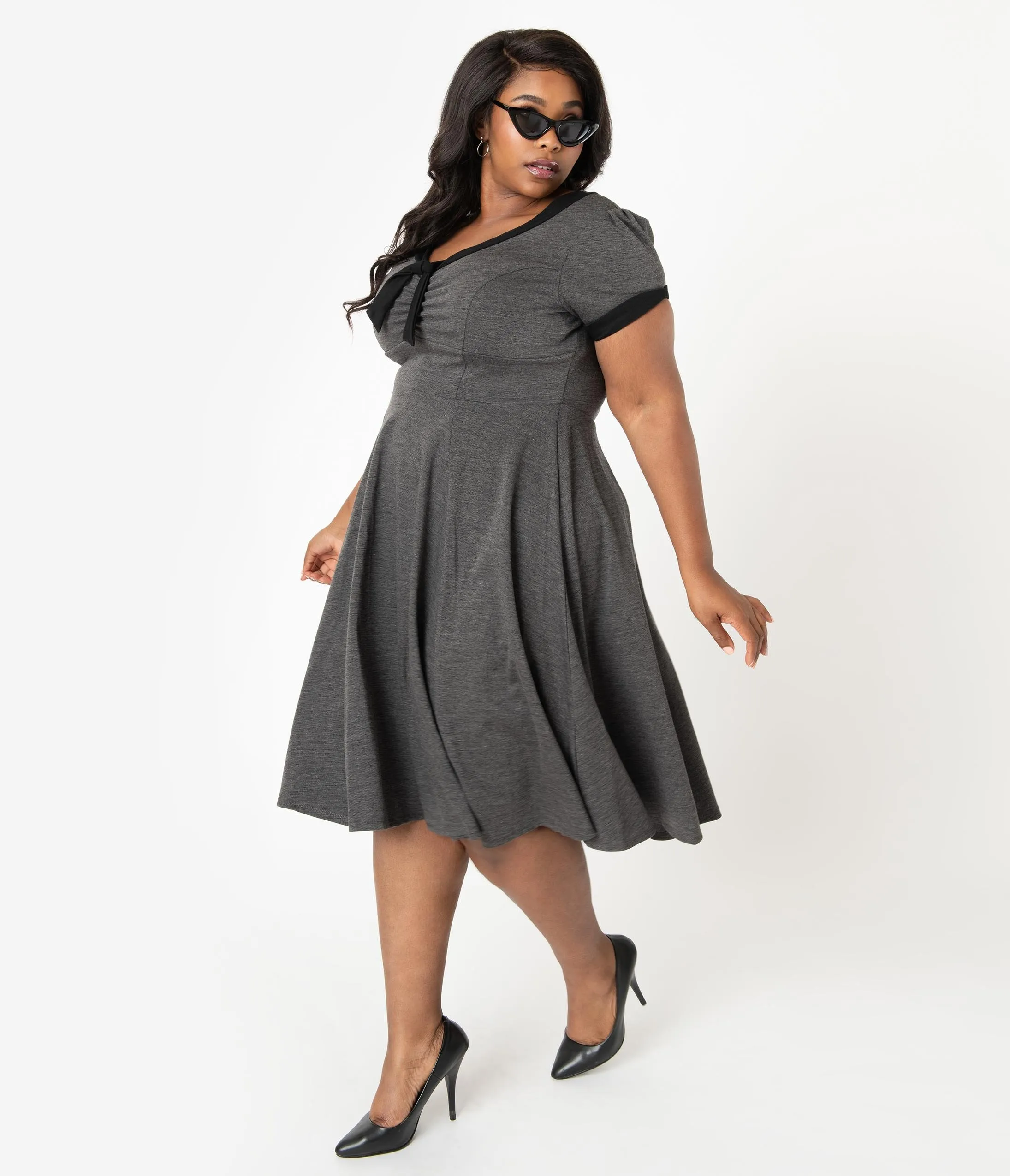 Unique Vintage Plus Size 1940s Style Grey & Black Natalie Swing Dress