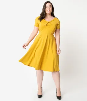 Unique Vintage Plus Size 1940s Style Mustard Knit Short Sleeve Natalie Swing Dress