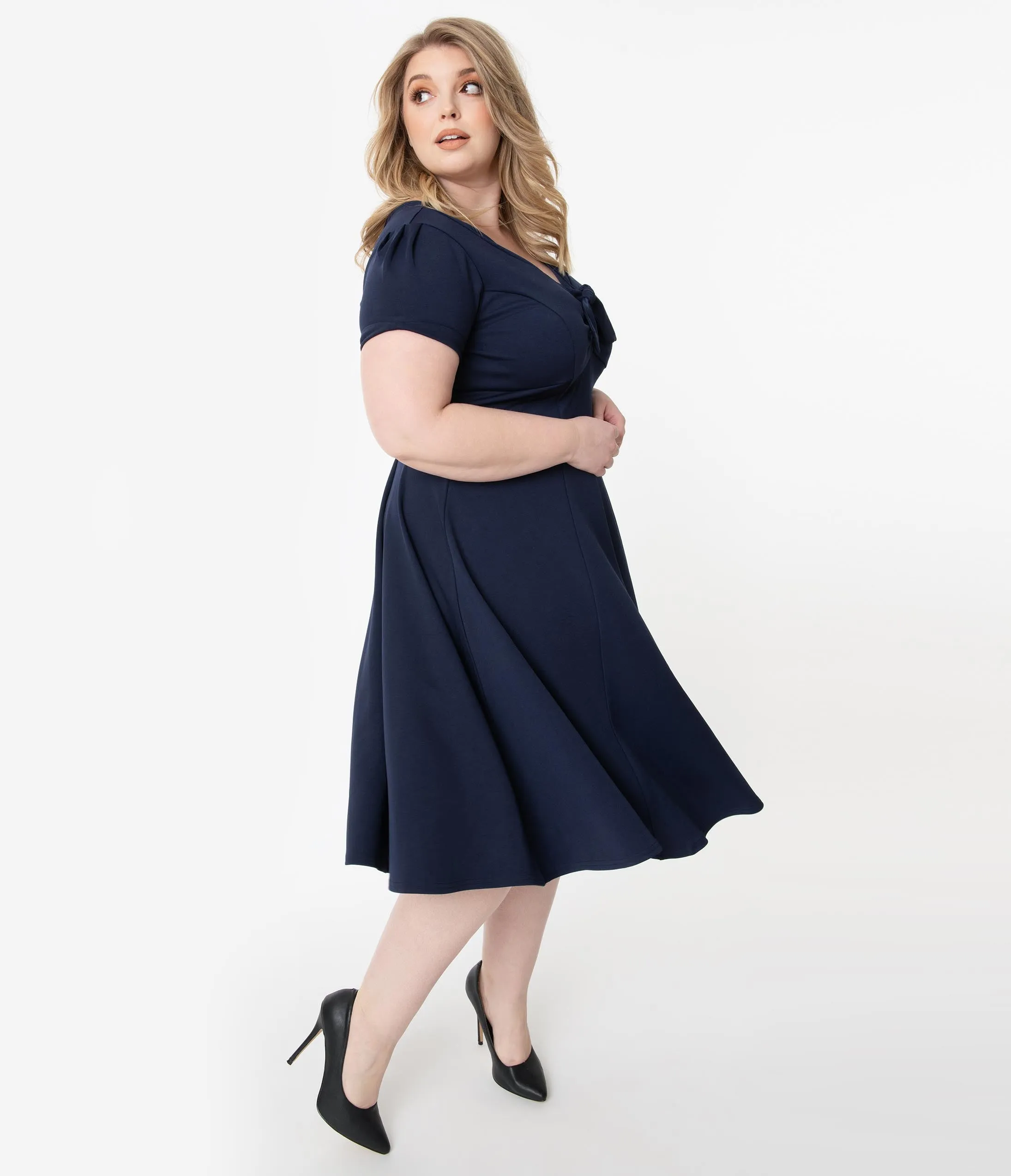 Unique Vintage Plus Size 1940s Style Navy Blue Natalie Swing Dress