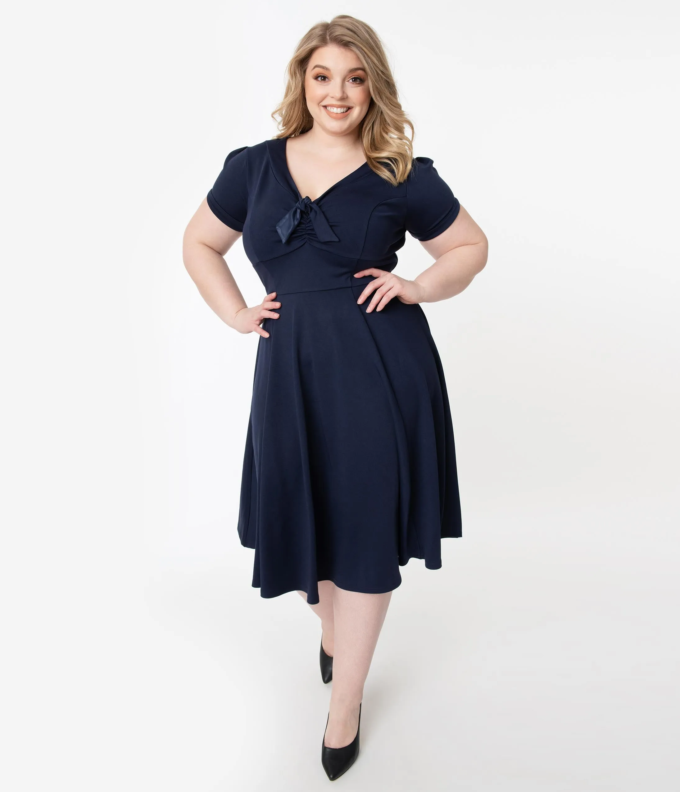 Unique Vintage Plus Size 1940s Style Navy Blue Natalie Swing Dress