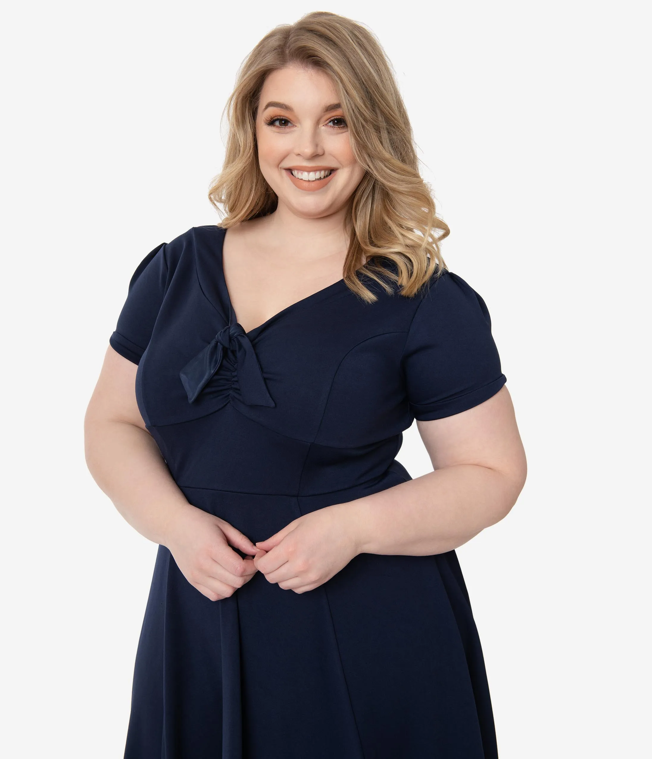 Unique Vintage Plus Size 1940s Style Navy Blue Natalie Swing Dress