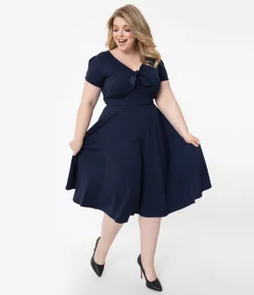 Unique Vintage Plus Size 1940s Style Navy Blue Natalie Swing Dress