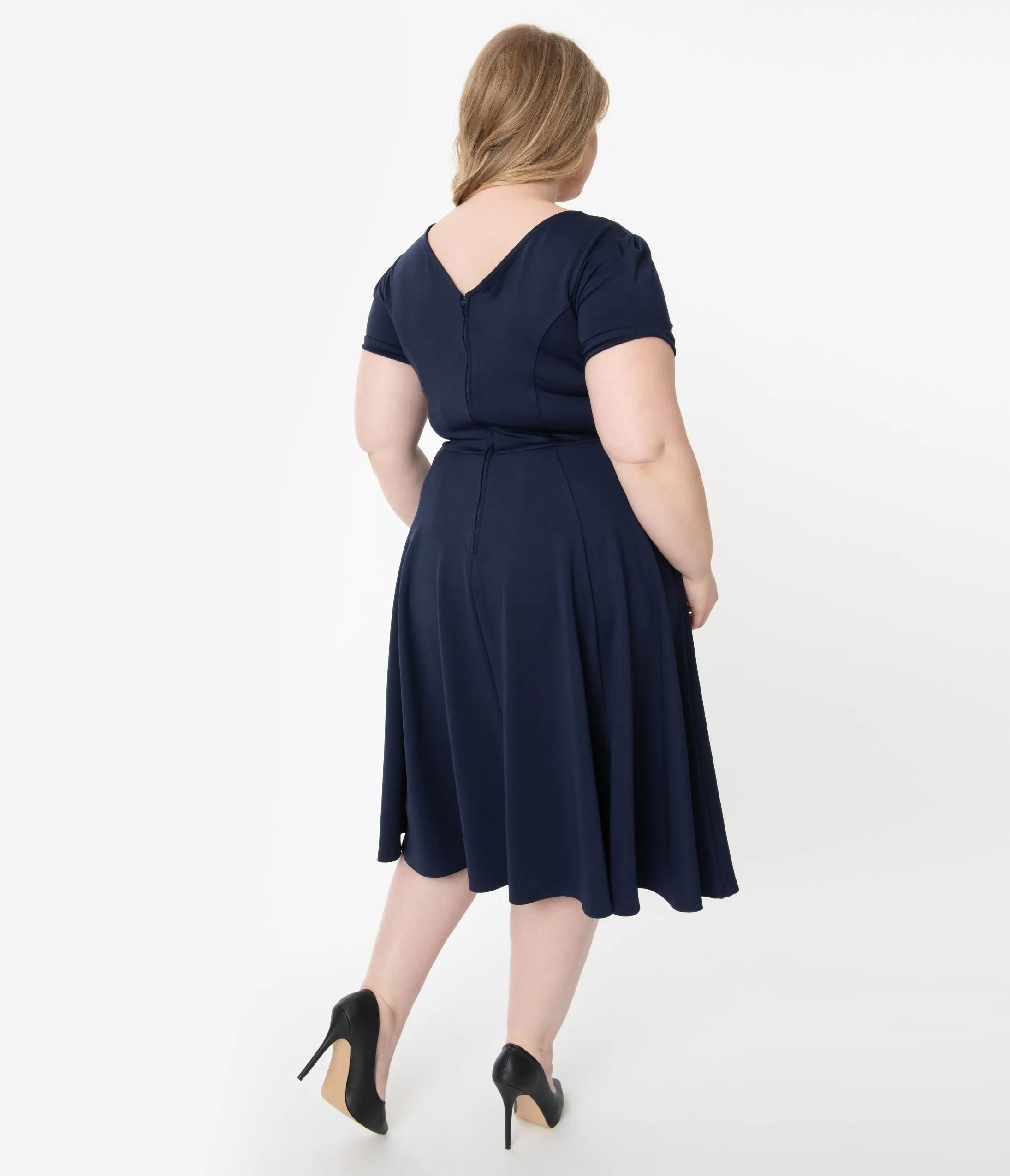 Unique Vintage Plus Size 1940s Style Navy Blue Natalie Swing Dress