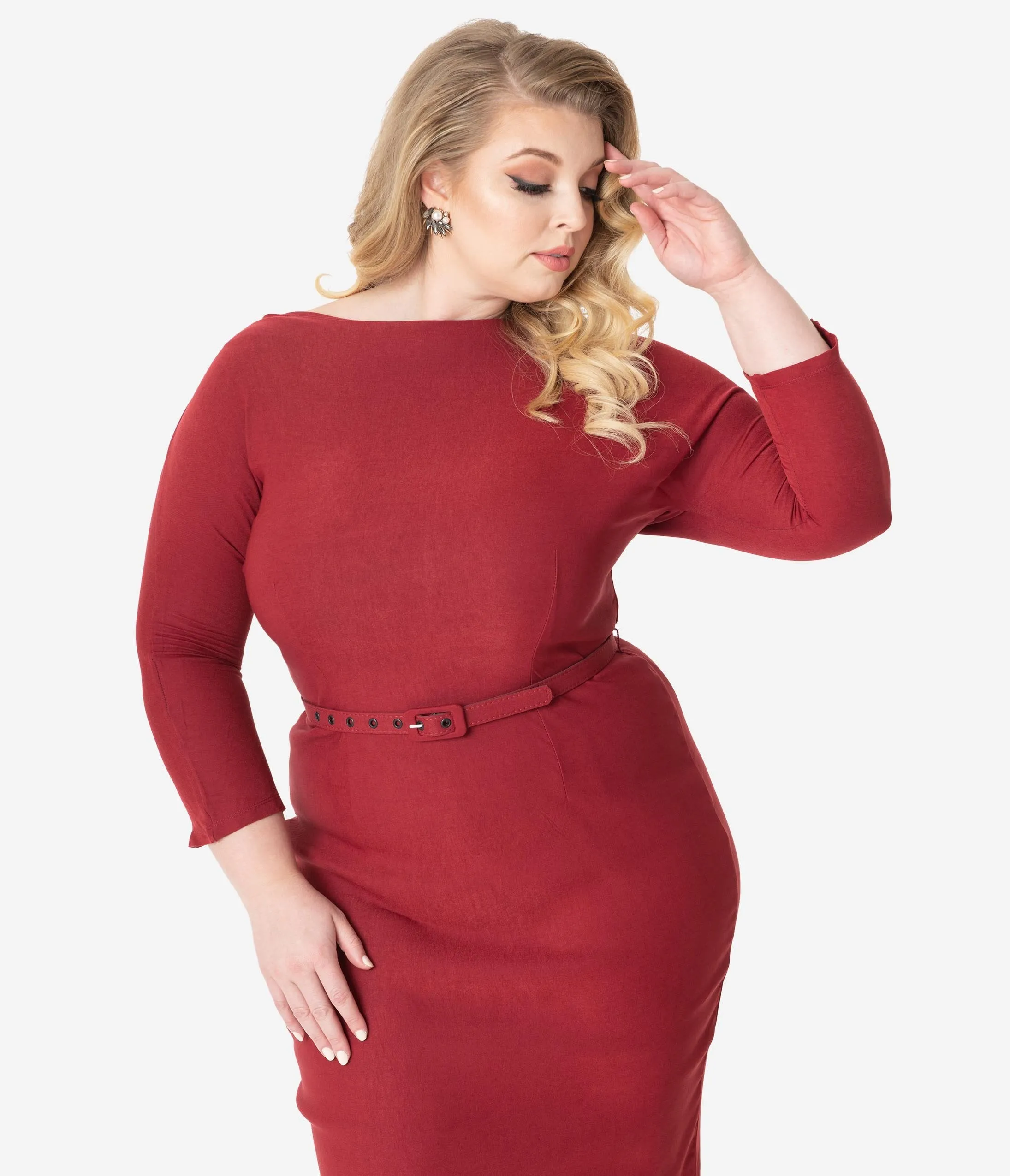 Unique Vintage Plus Size 1940s Style Red Sleeved Adelia Wiggle Dress