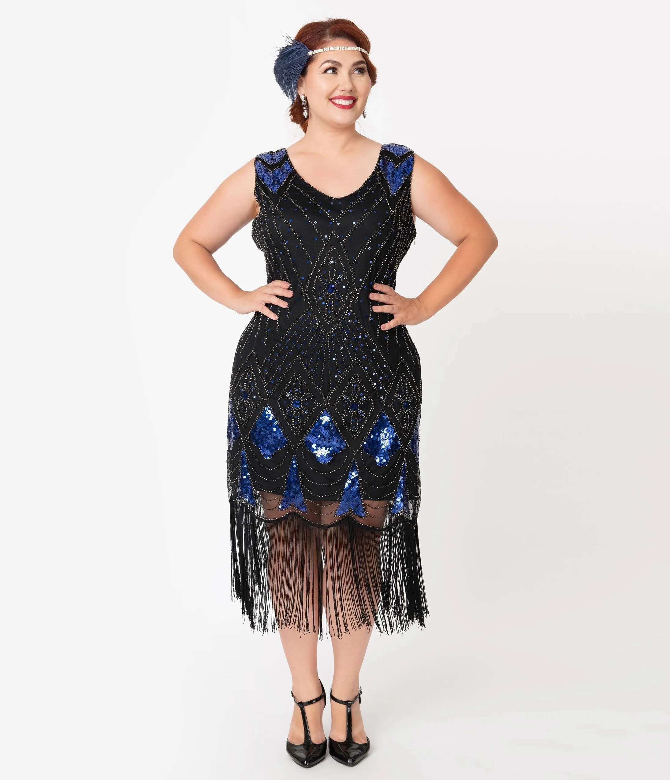 Unique Vintage Plus Size Black & Blue Sequin Lina Fringe Flapper Dress