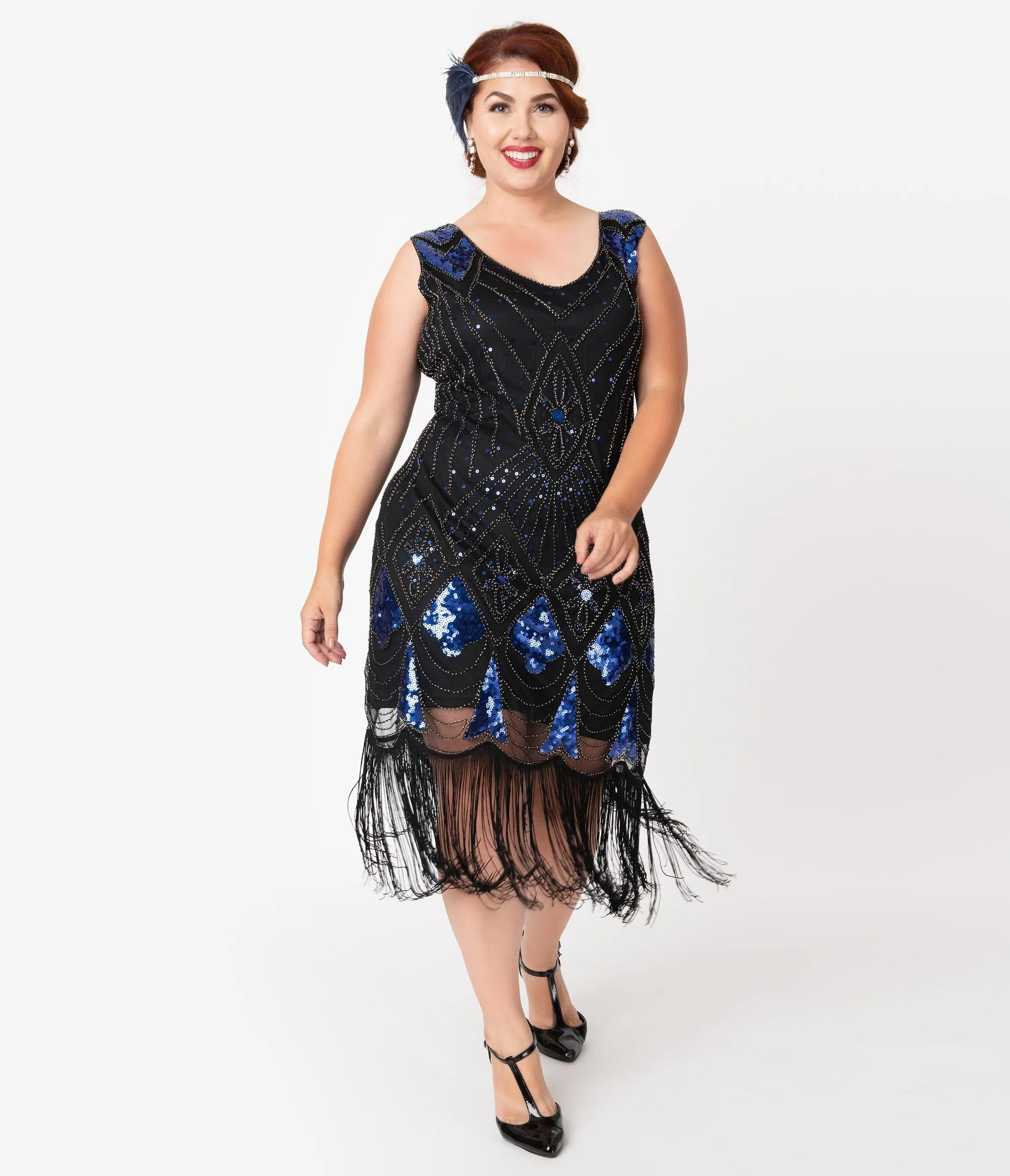 Unique Vintage Plus Size Black & Blue Sequin Lina Fringe Flapper Dress