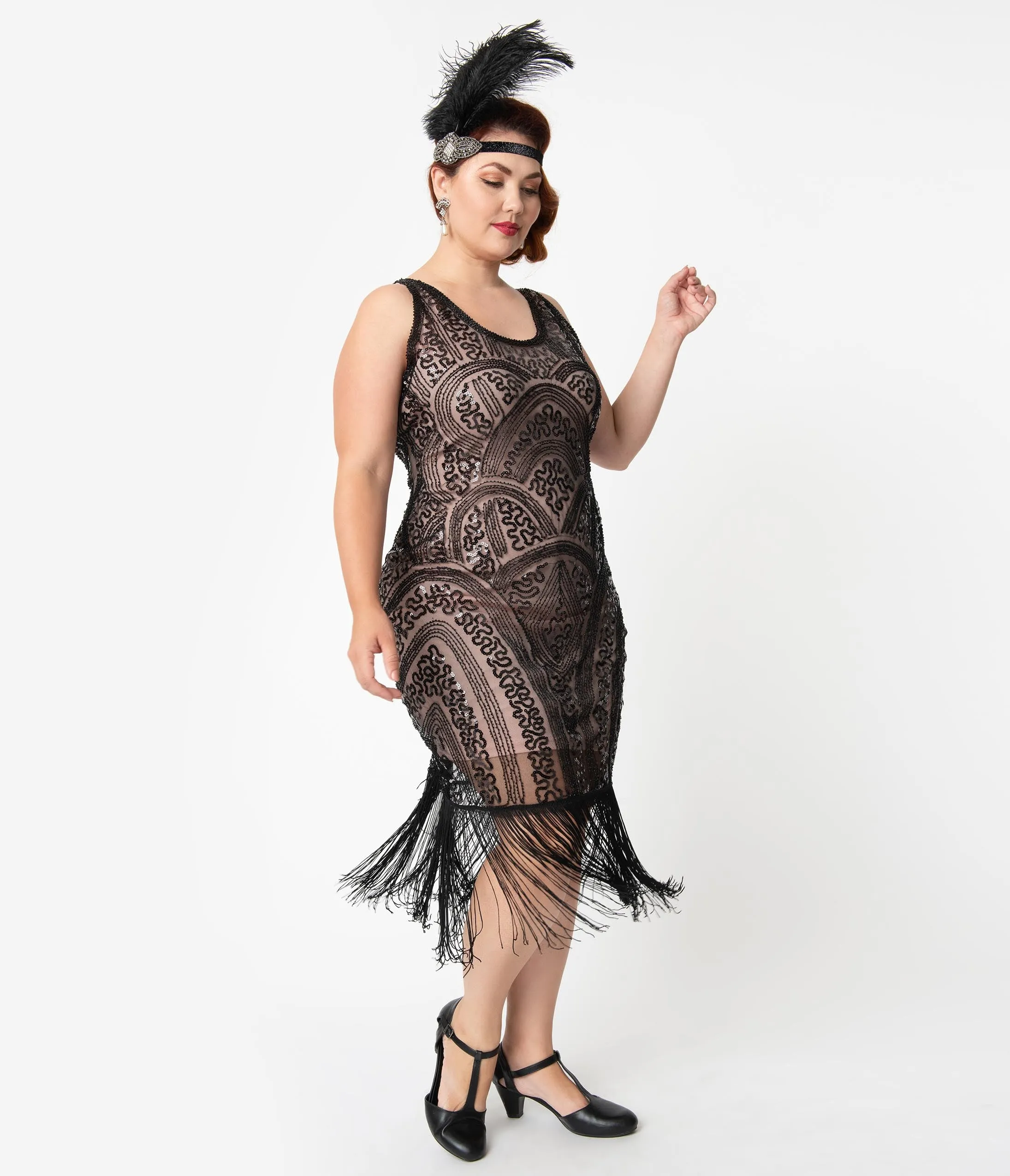 Unique Vintage Plus Size Black Beaded & Blush Sleeveless Emilienne Flapper Dress