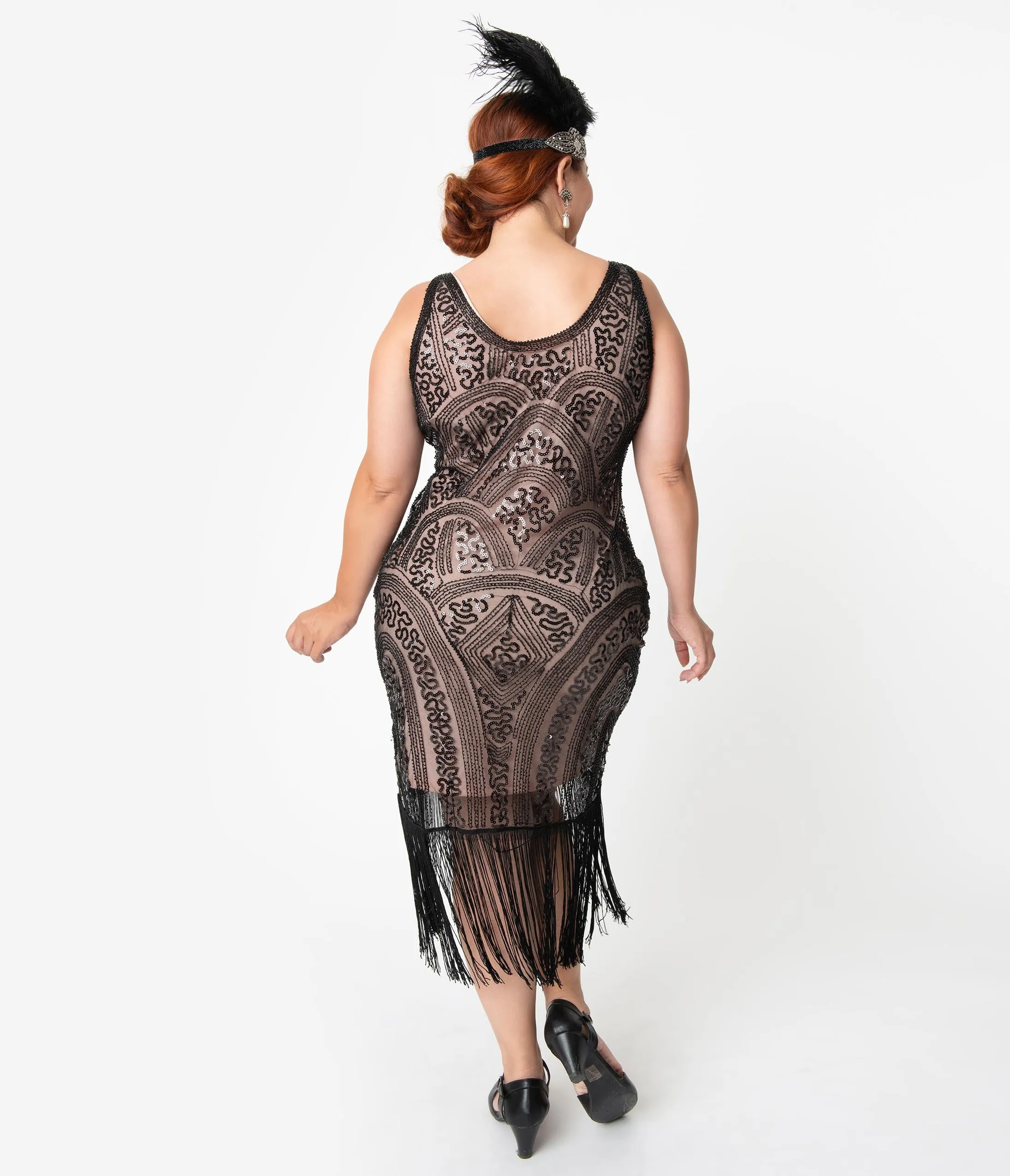 Unique Vintage Plus Size Black Beaded & Blush Sleeveless Emilienne Flapper Dress