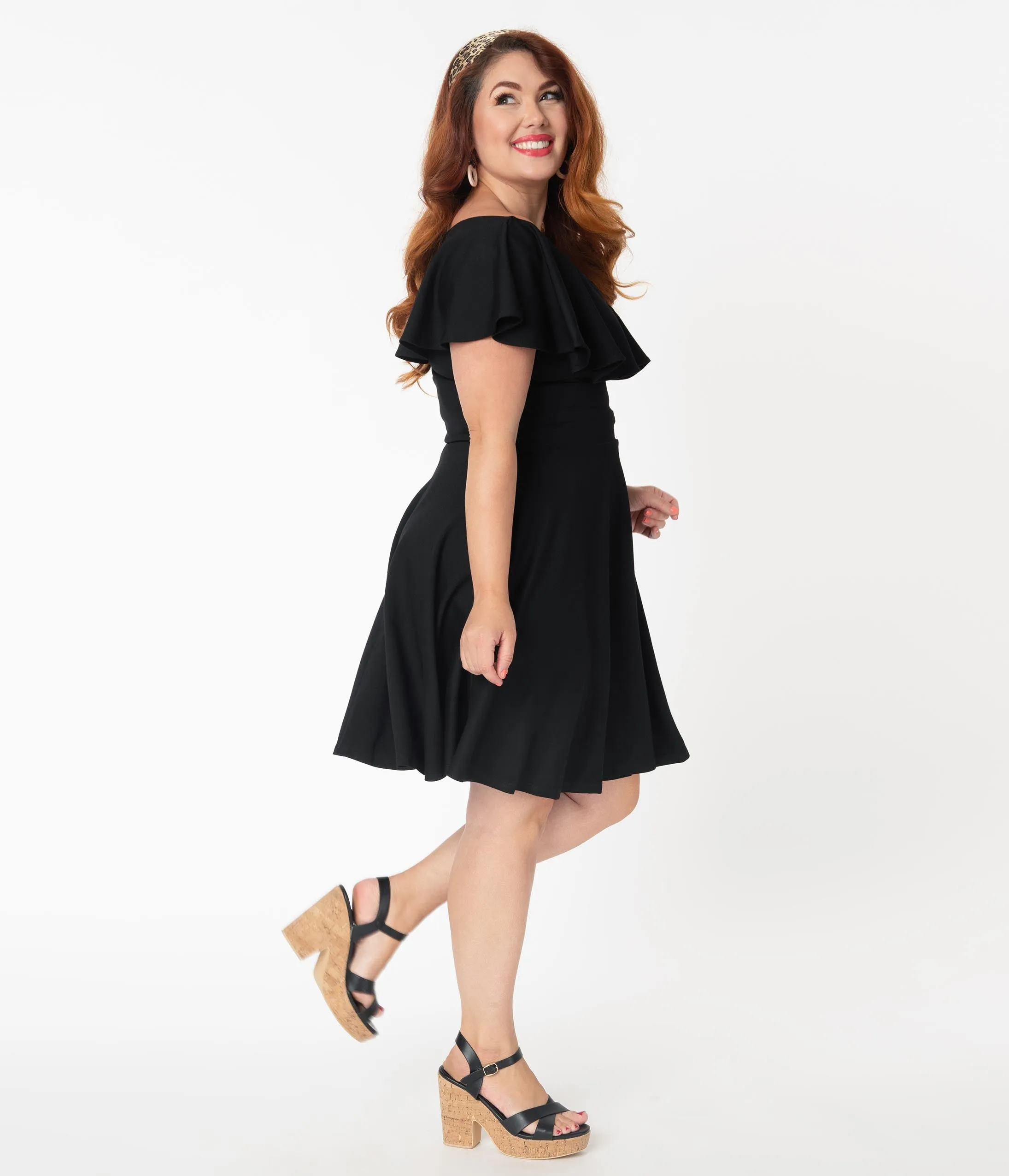 Unique Vintage Plus Size Black Off Shoulder Ruffle Gidget Fit & Flare Dress