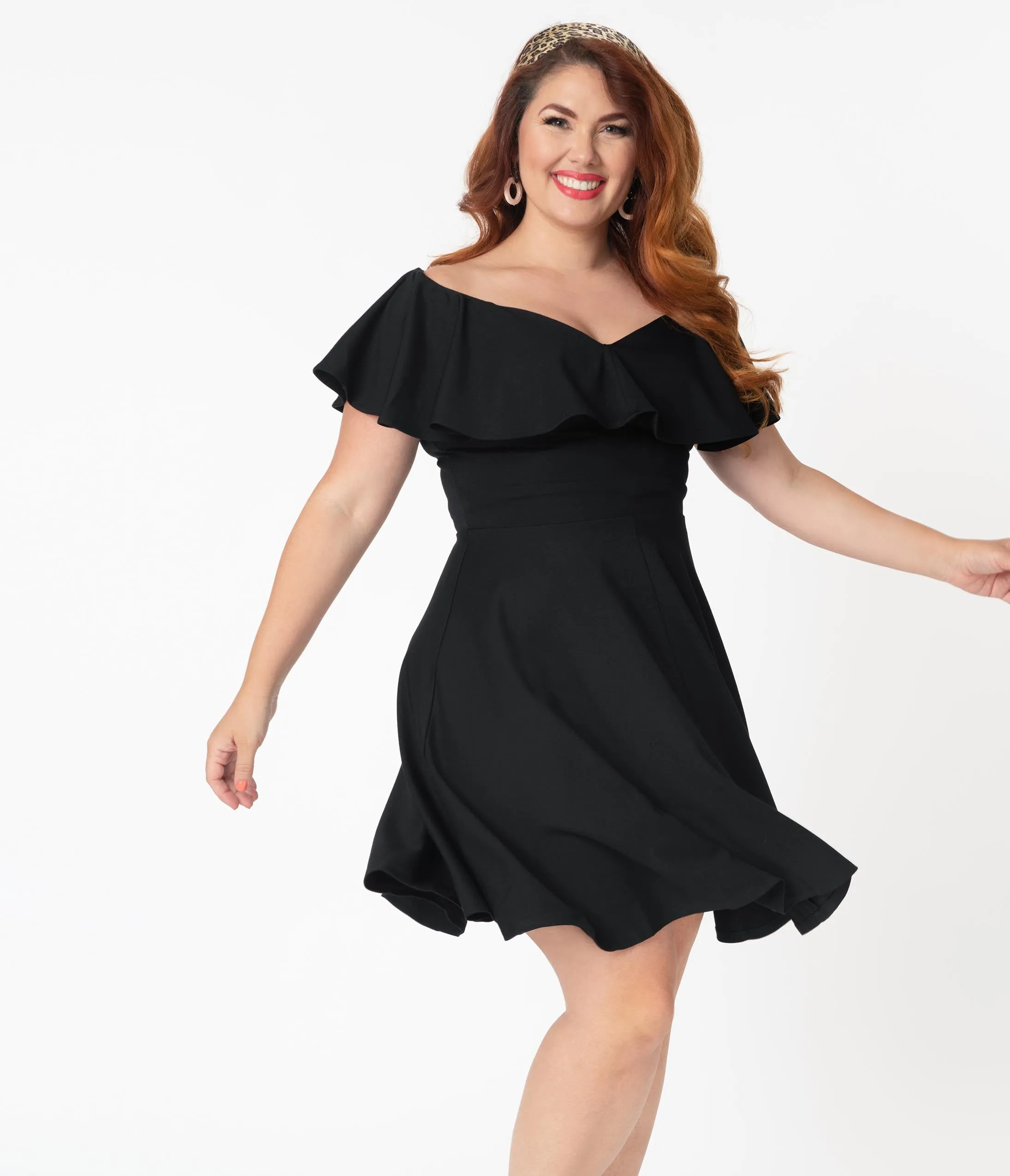 Unique Vintage Plus Size Black Off Shoulder Ruffle Gidget Fit & Flare Dress