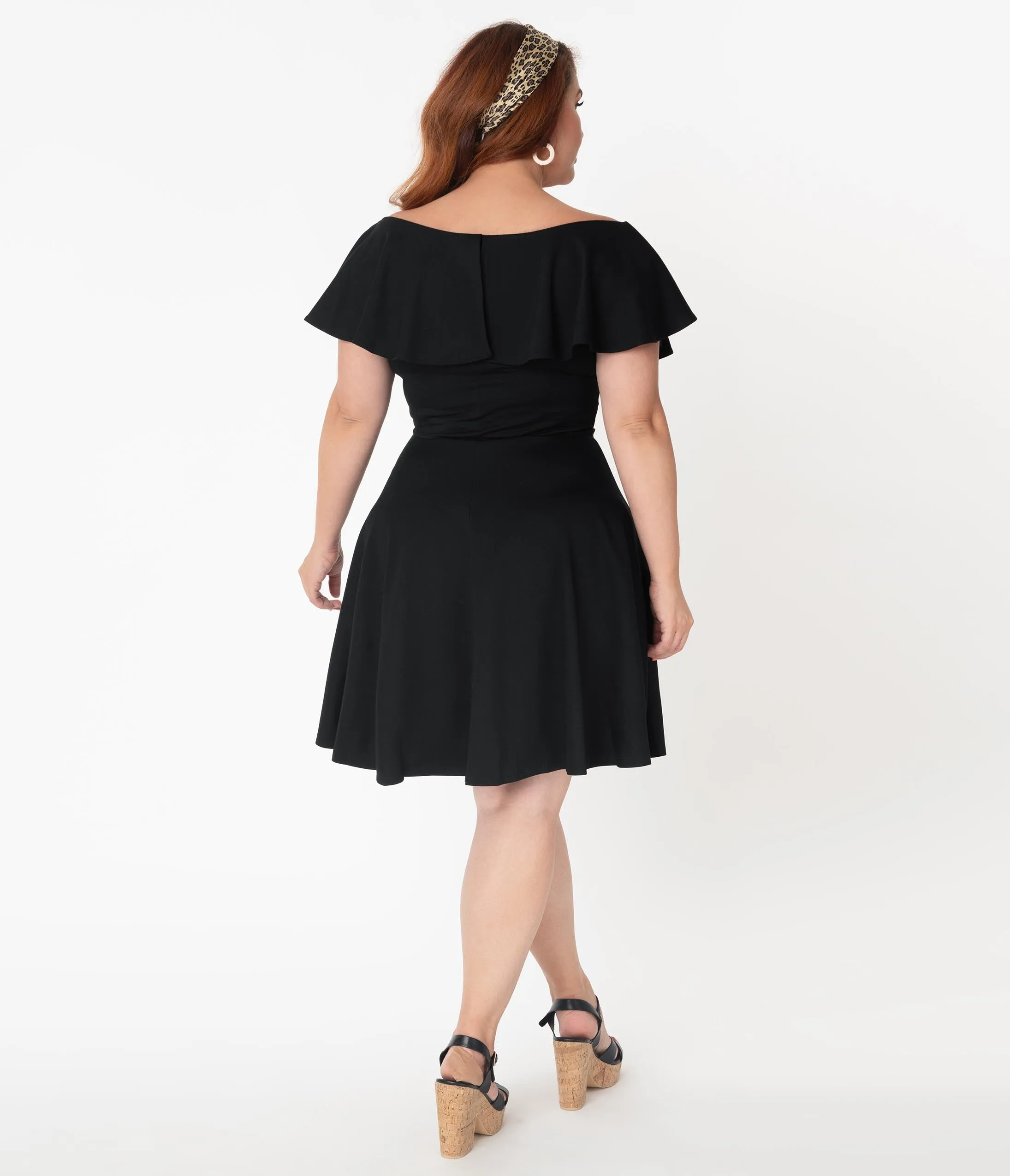 Unique Vintage Plus Size Black Off Shoulder Ruffle Gidget Fit & Flare Dress