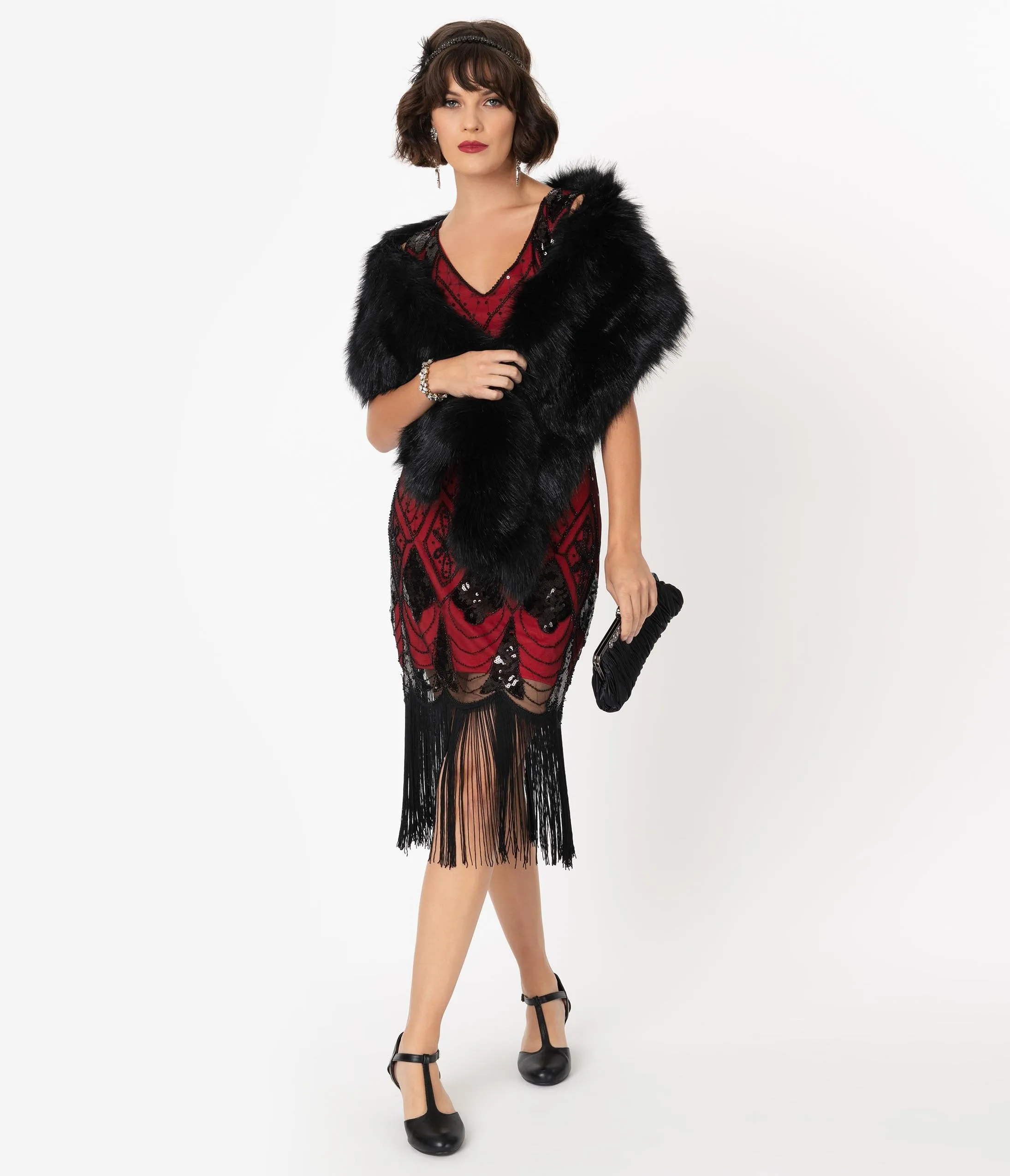 Unique Vintage Red & Black Sequin Lina Fringe Flapper Dress