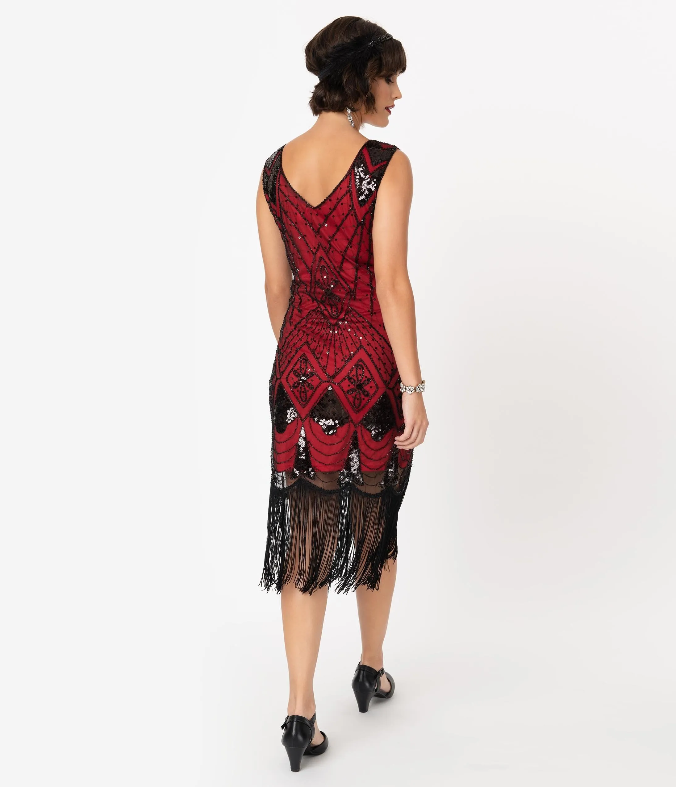 Unique Vintage Red & Black Sequin Lina Fringe Flapper Dress