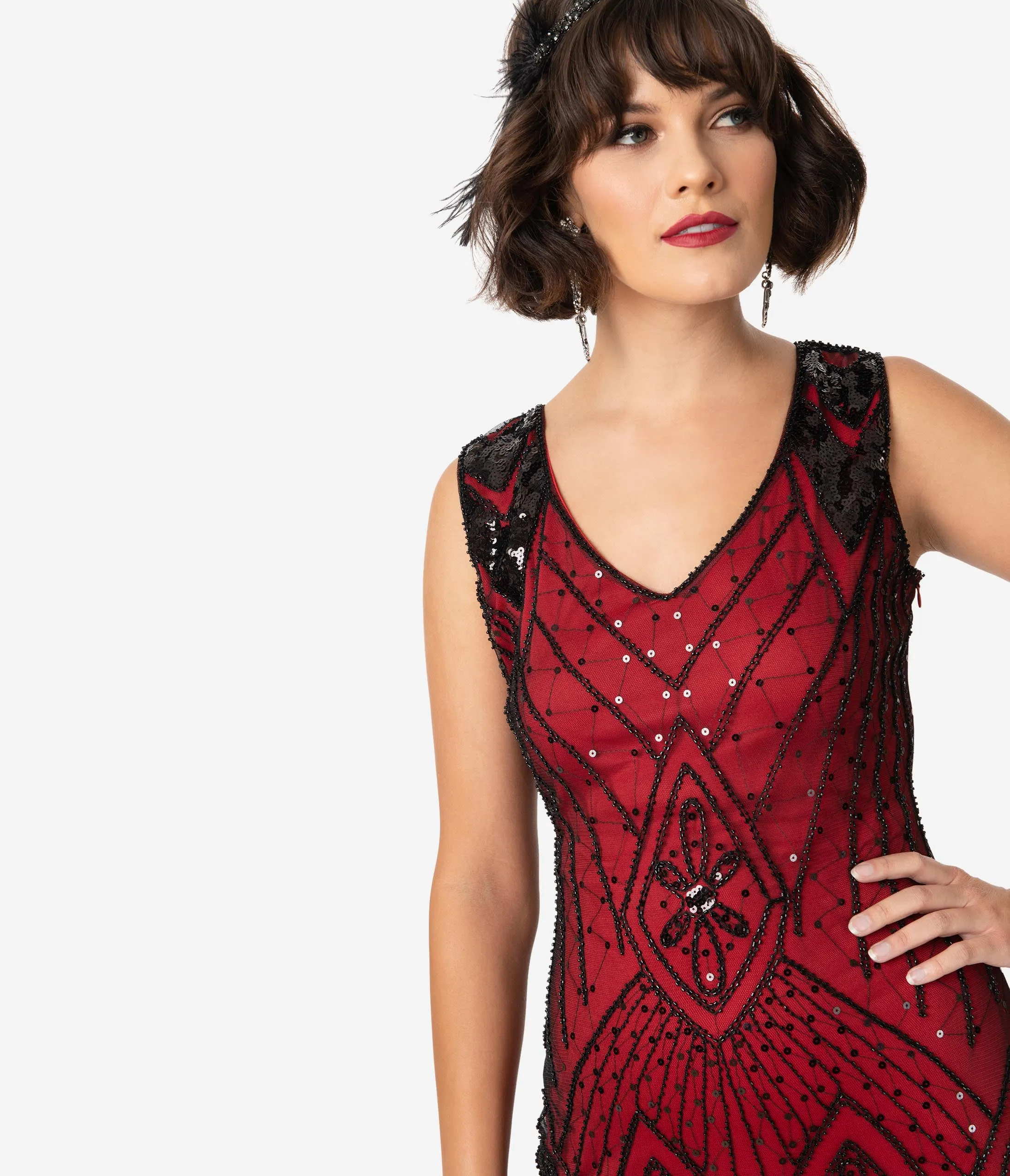 Unique Vintage Red & Black Sequin Lina Fringe Flapper Dress