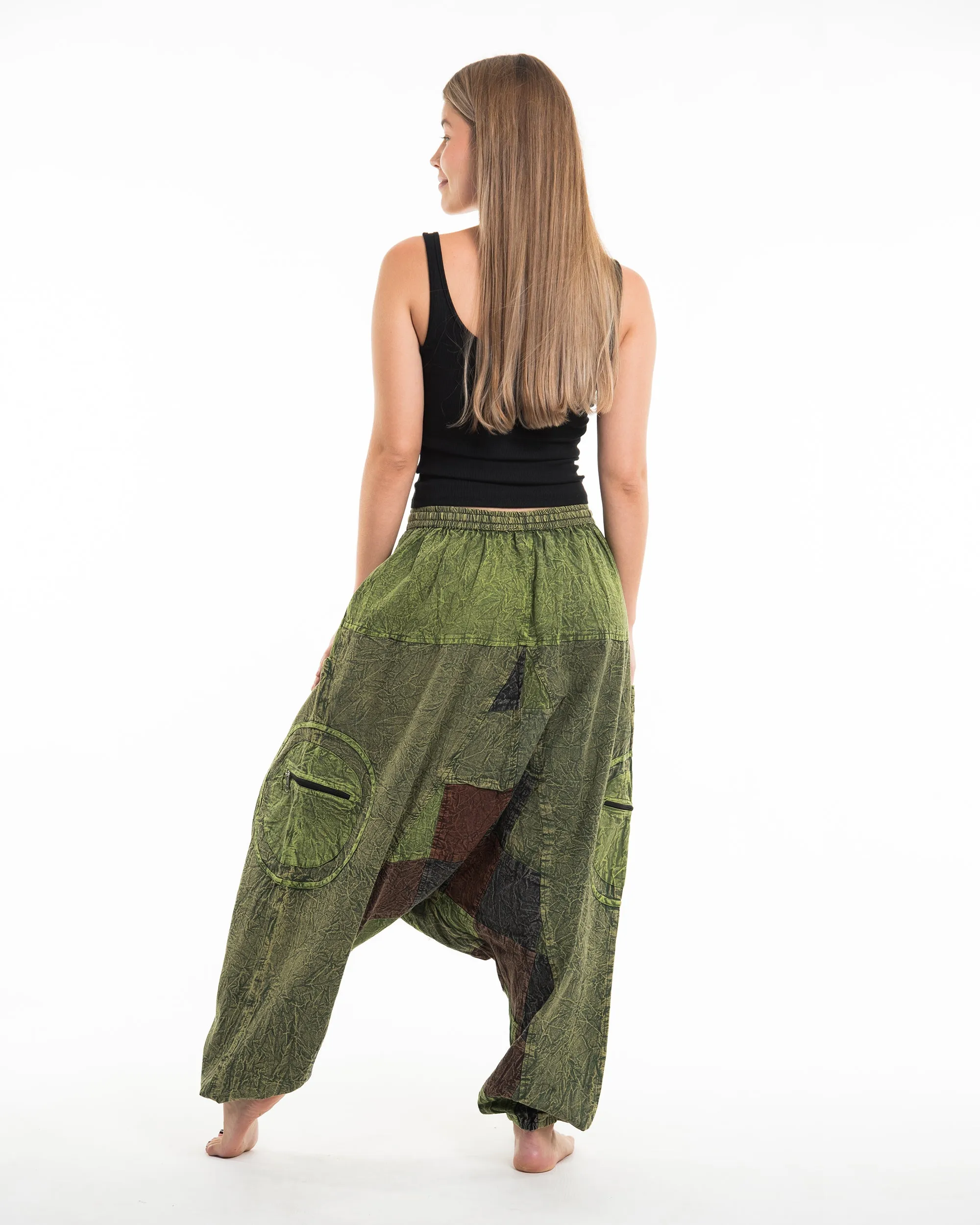 Unisex Patchwork Stone Washed Low Cut Cotton Pants in Green 03