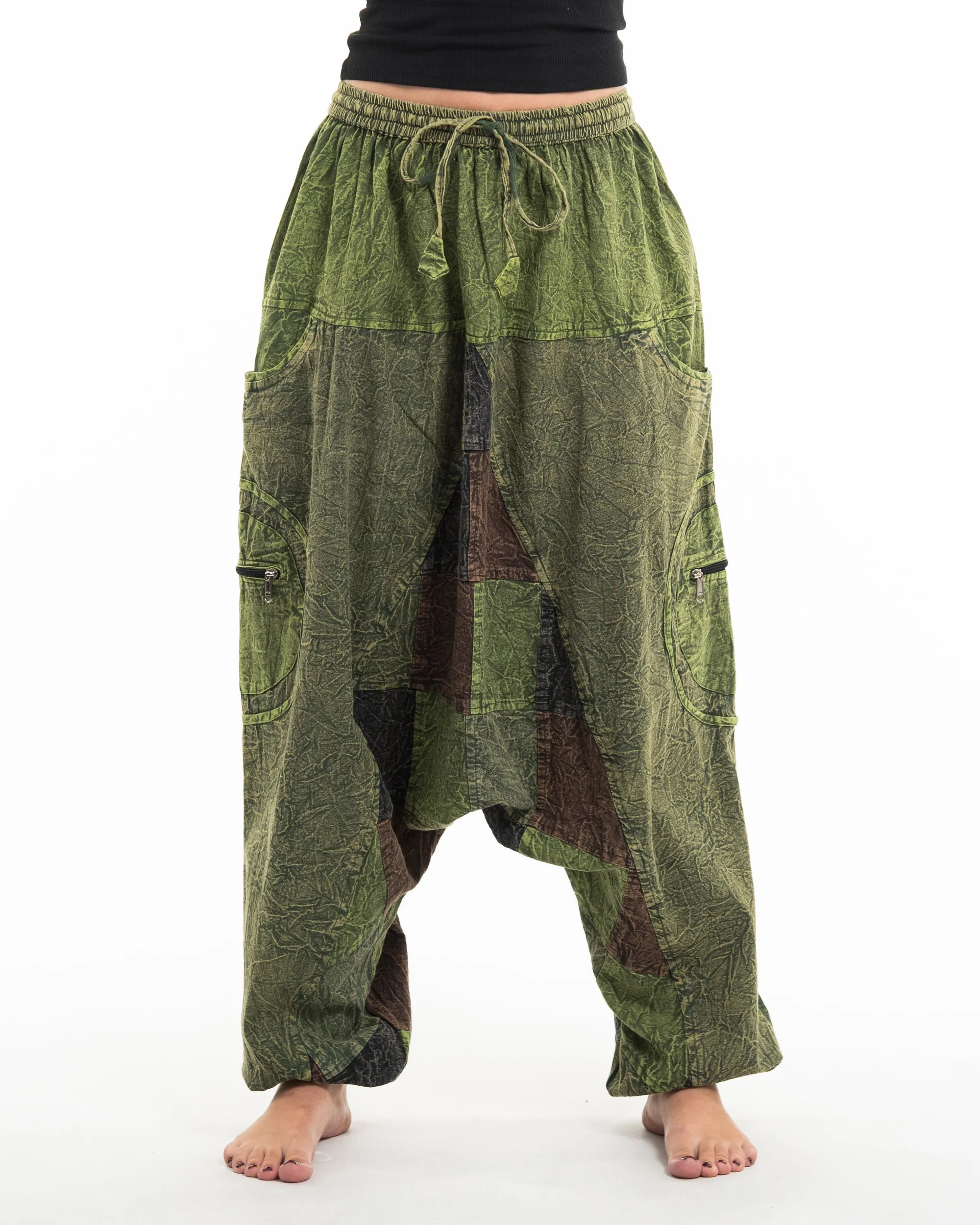 Unisex Patchwork Stone Washed Low Cut Cotton Pants in Green 03