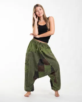 Unisex Patchwork Stone Washed Low Cut Cotton Pants in Green 03