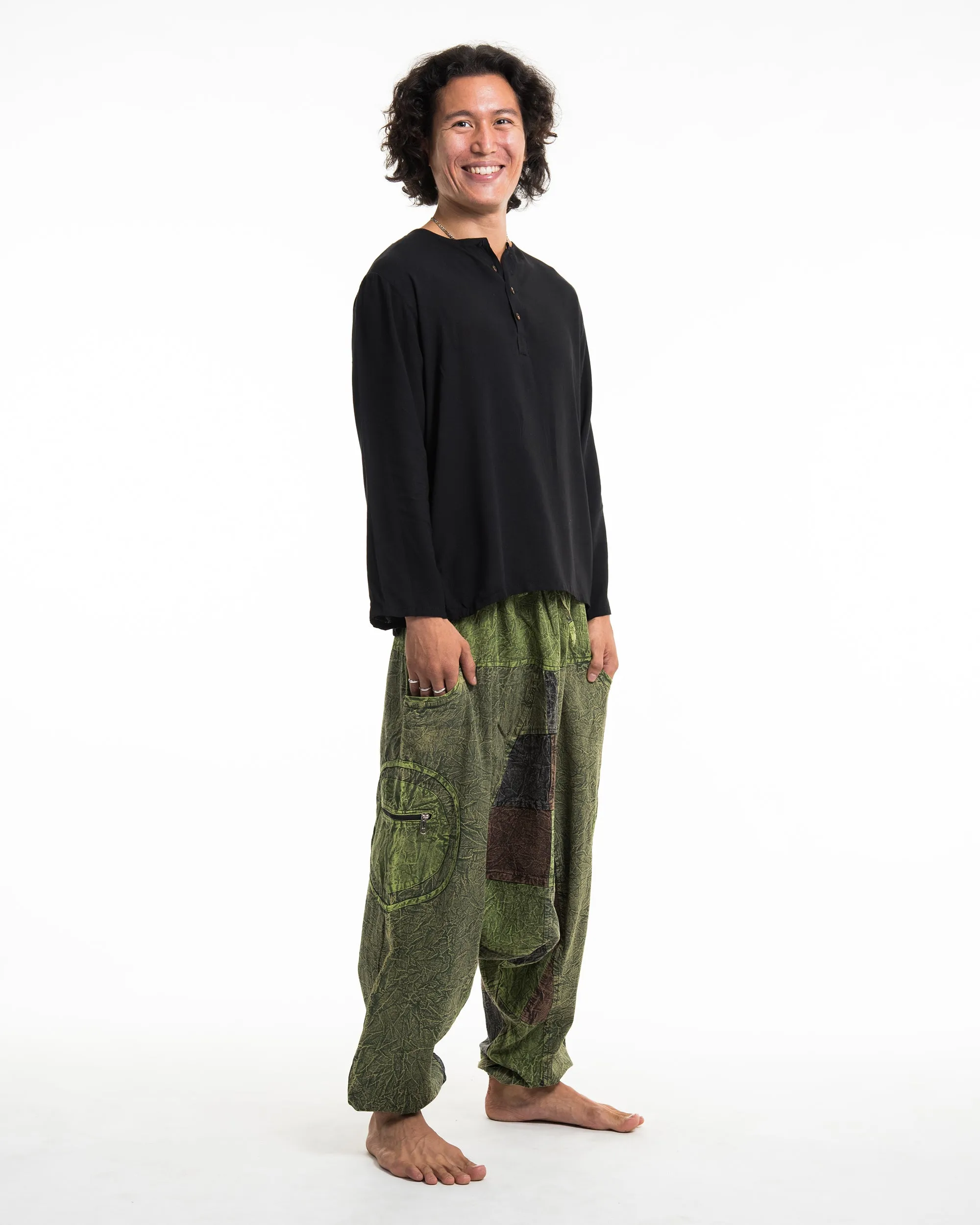 Unisex Patchwork Stone Washed Low Cut Cotton Pants in Green 03