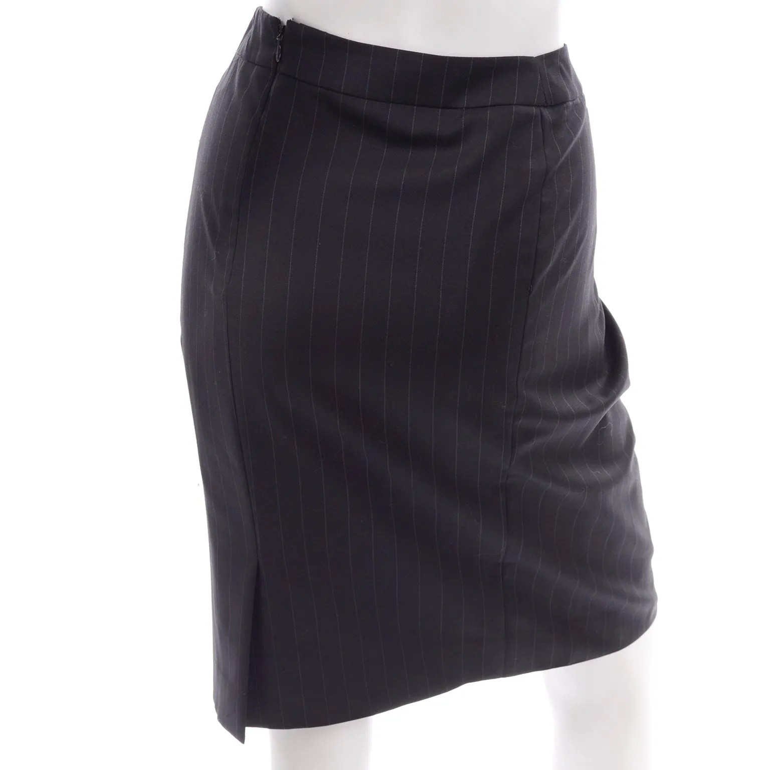 Vintage 1990s Yves Saint Laurent Navy Wool Pinstripe Pencil Skirt