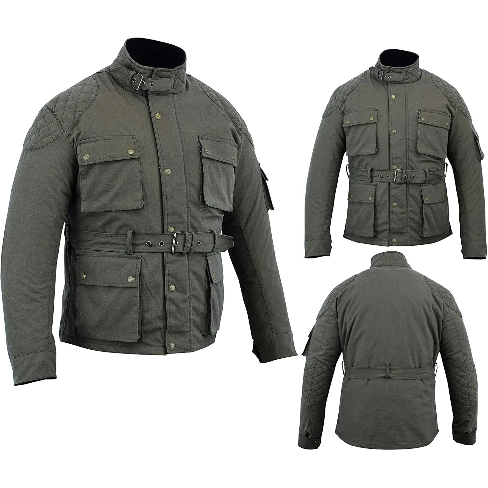 Warrior Gears® Men's Wax Cotton Waxed Motorcycle Jacket, Motorbike Top Waterproof - Army Green