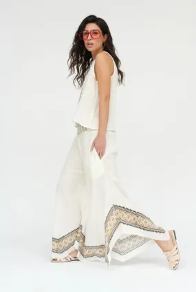 White Wide Leg Pants with Abstract Design