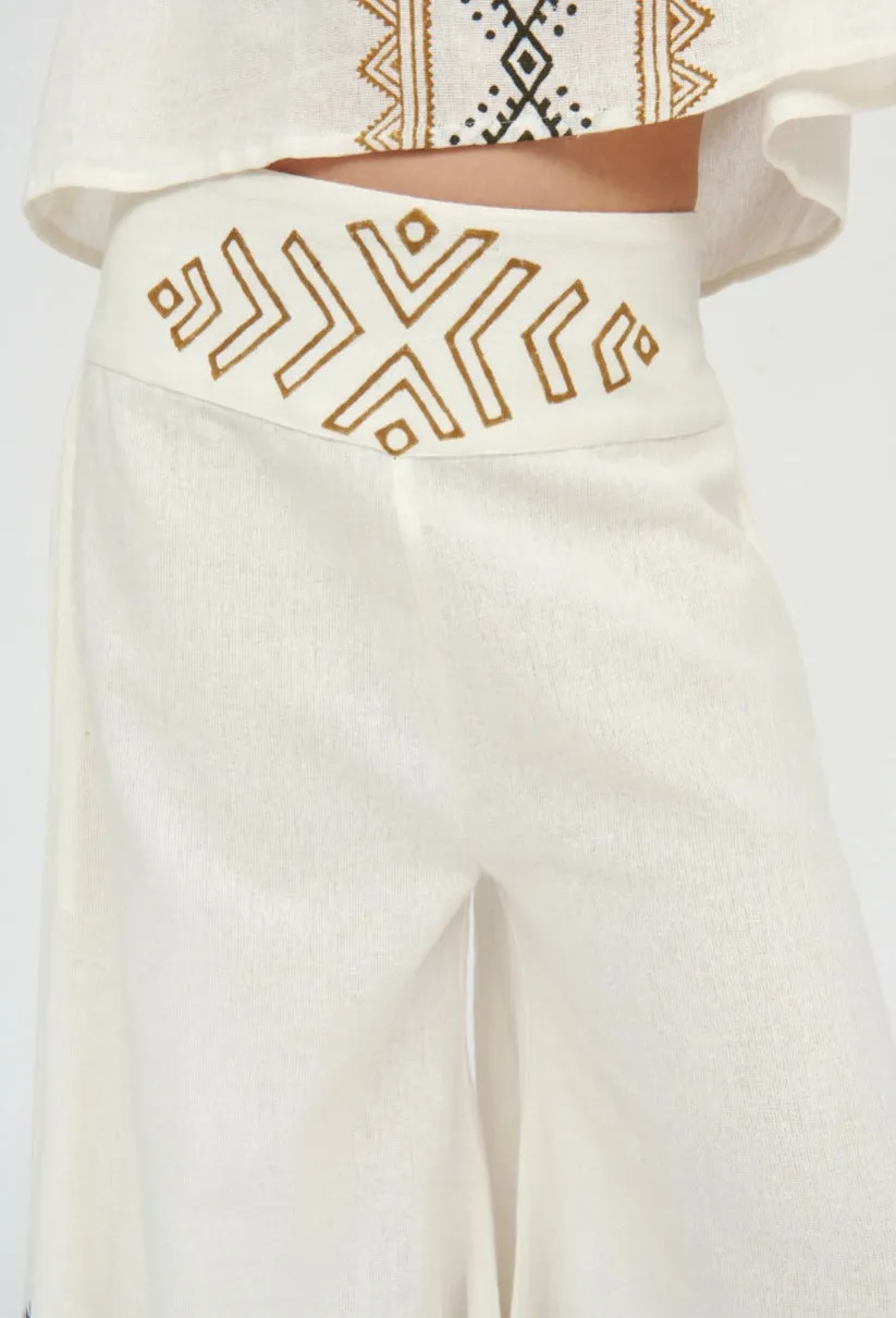 White Wide Leg Pants with Abstract Design