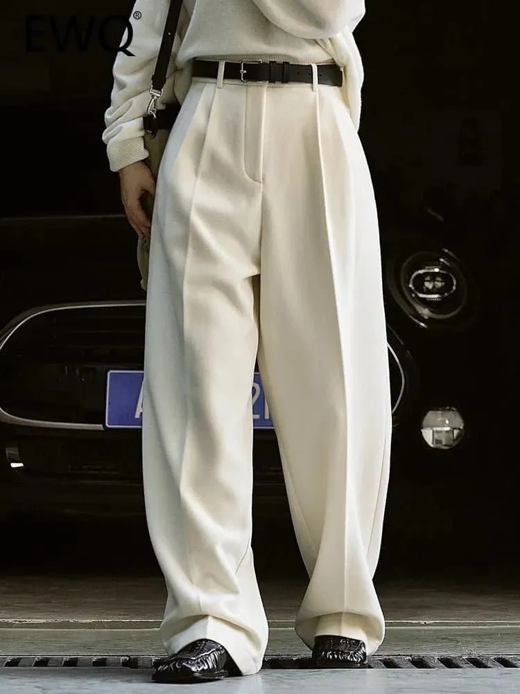 Wide Leg Woolen Pants - High Waist, Warm Winter Fashion