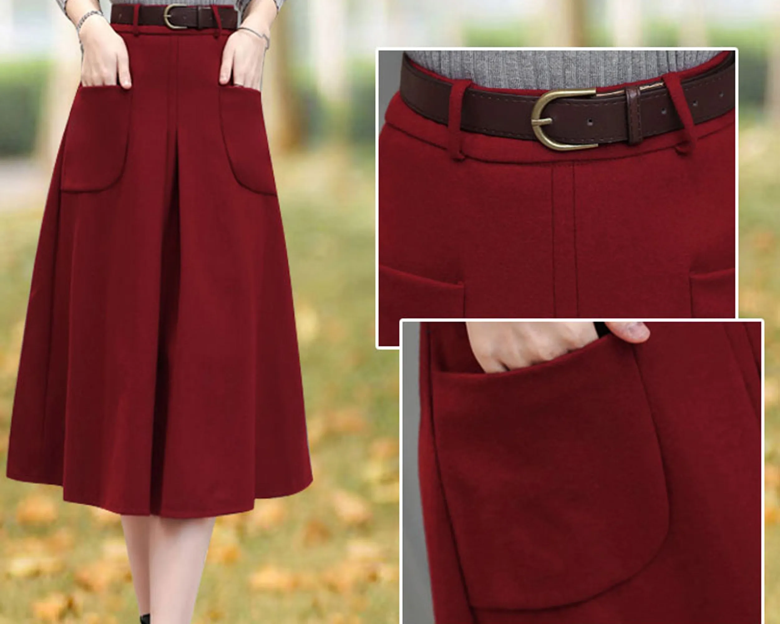 Winter skirt/Wool skirt/Midi skirt/A-line skirt/pleated skirt/black skirt/skirt with pockets A0010