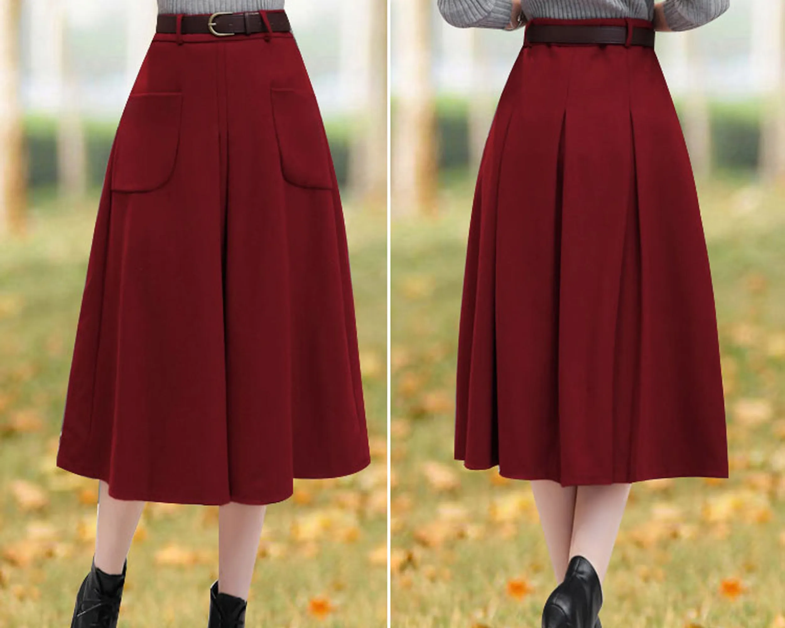 Winter skirt/Wool skirt/Midi skirt/A-line skirt/pleated skirt/black skirt/skirt with pockets A0010