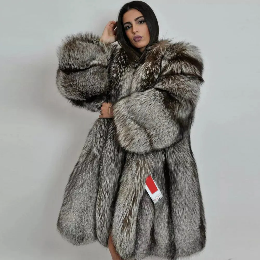 Women Full Pelt Real Natural Silver Fox Fur Coat Jacket Fluffy Lapel Overcoat