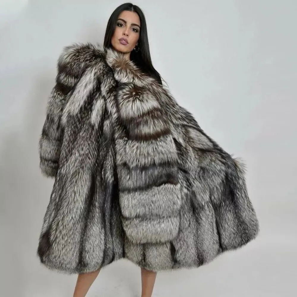 Women Full Pelt Real Natural Silver Fox Fur Coat Jacket Fluffy Lapel Overcoat