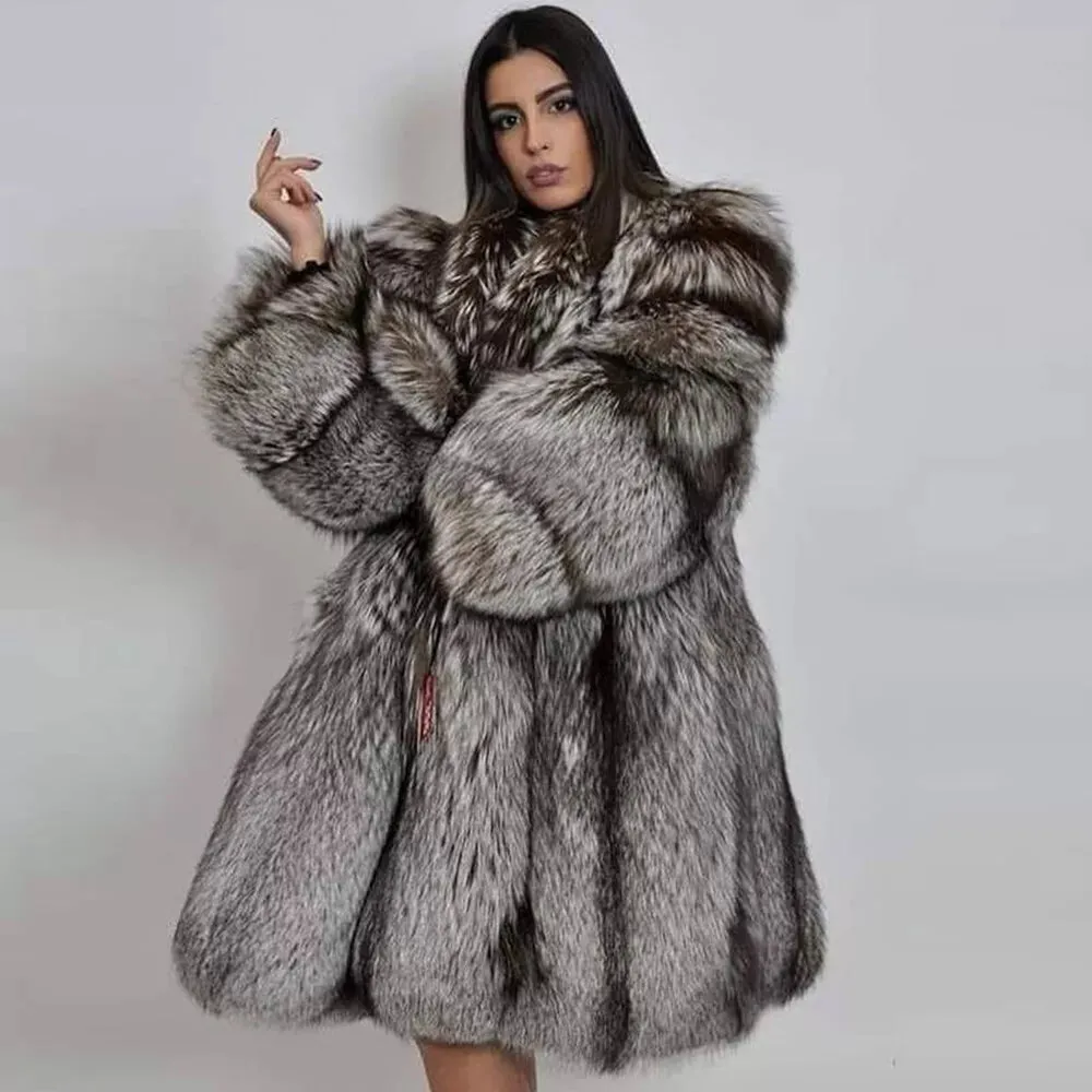 Women Full Pelt Real Natural Silver Fox Fur Coat Jacket Fluffy Lapel Overcoat