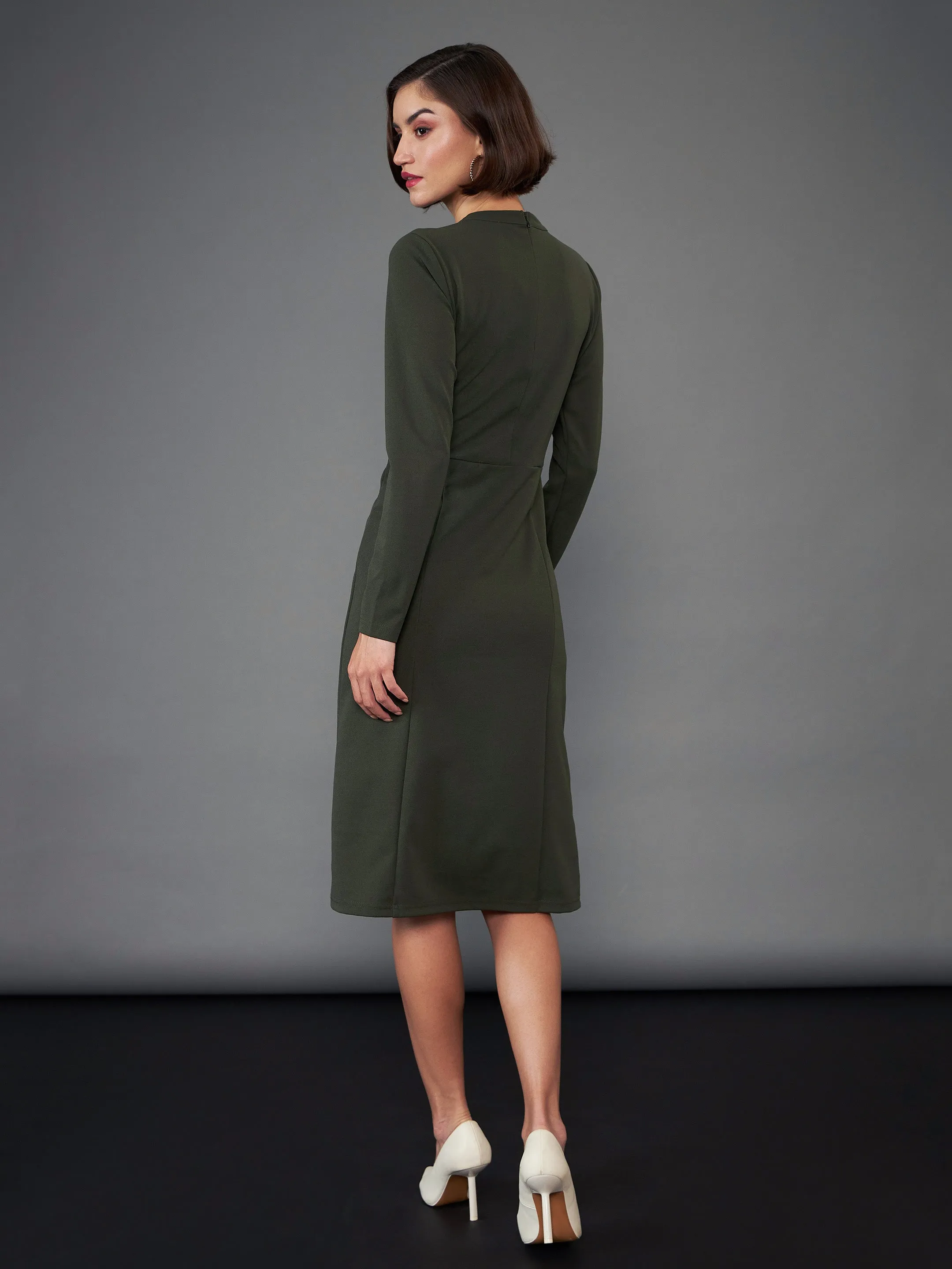 Women Olive Button Yoke Belted Midi Dress