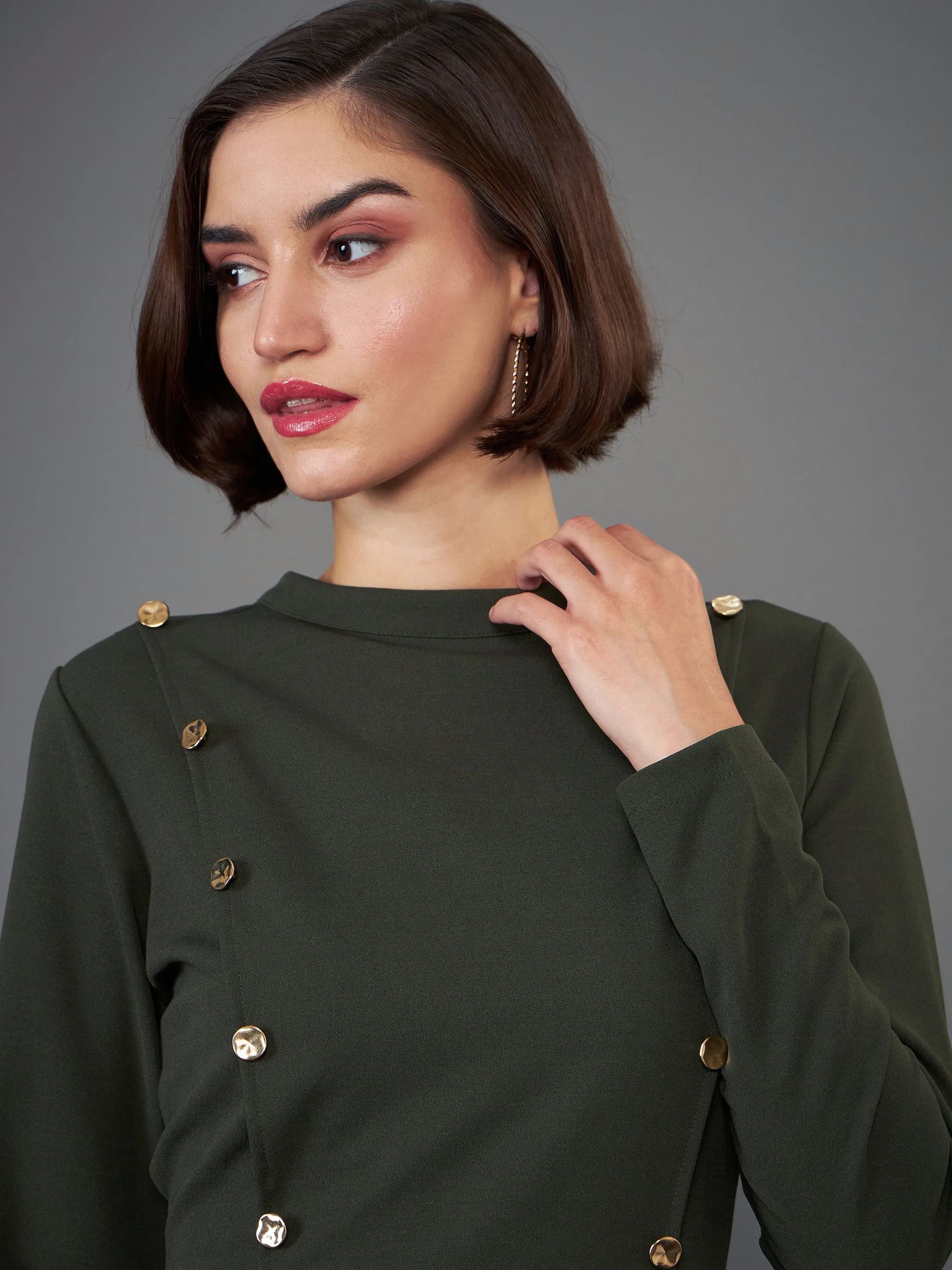 Women Olive Button Yoke Belted Midi Dress