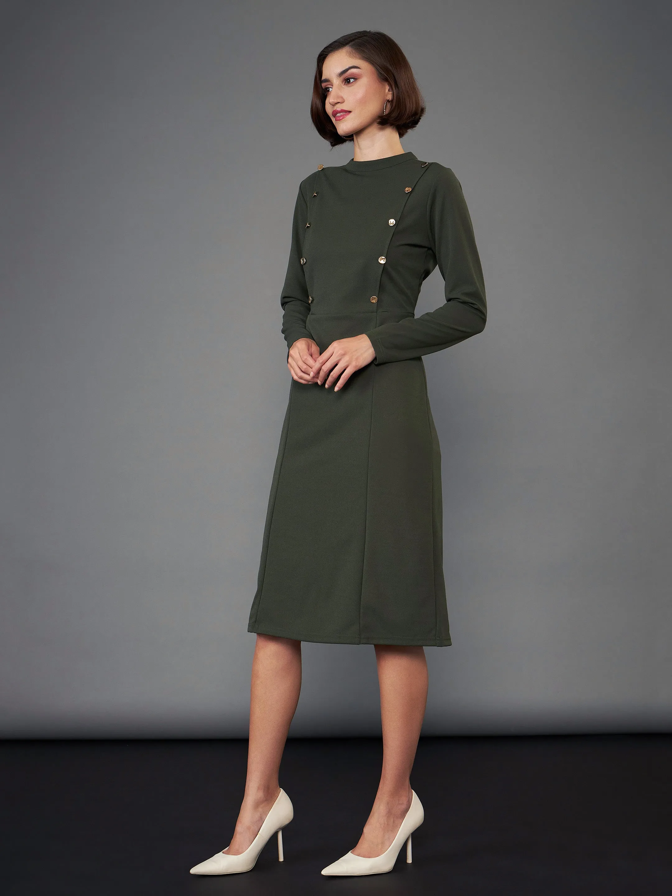 Women Olive Button Yoke Belted Midi Dress