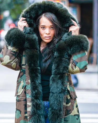 WOMEN PARKA- CAMO WITH GREEN FOX FUR