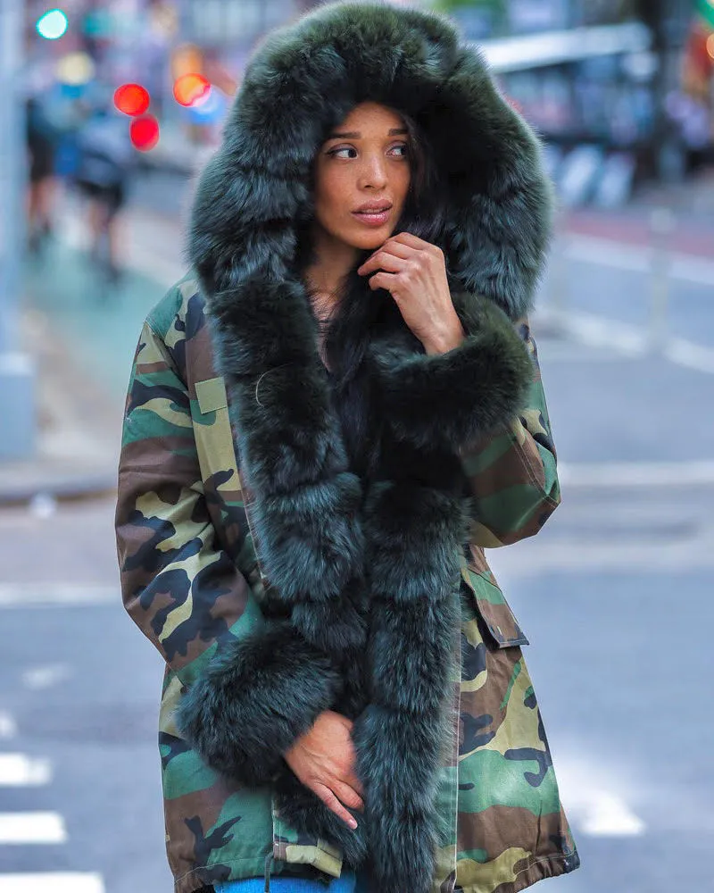 WOMEN PARKA- CAMO WITH GREEN FOX FUR