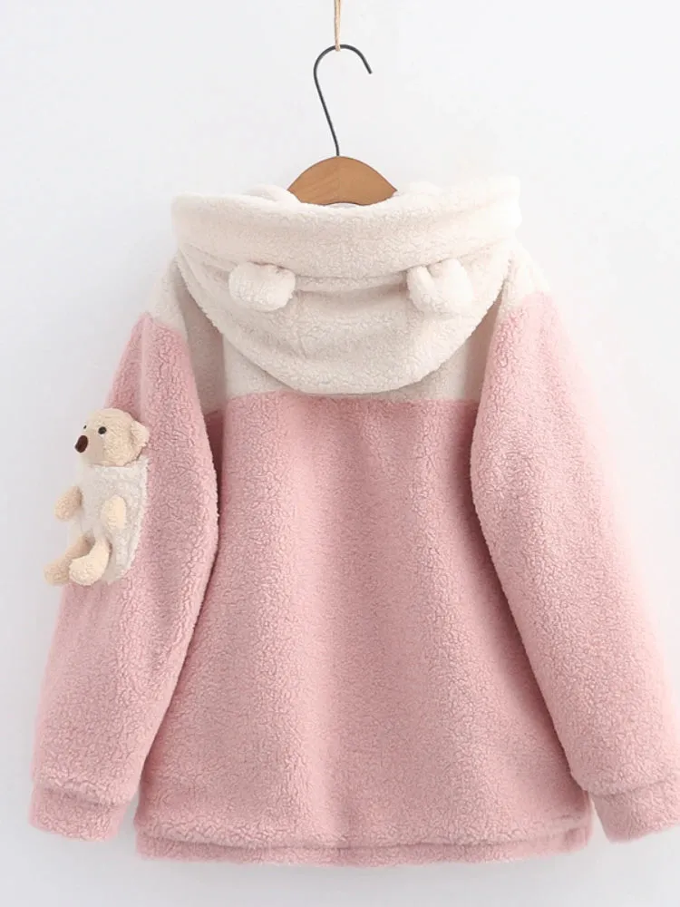 Women Wool & Blends Hooded Coats Jackets Sweet Style Cartoon Bear Appliques Harajuku Outerwear Winter Pockets Cute Tops