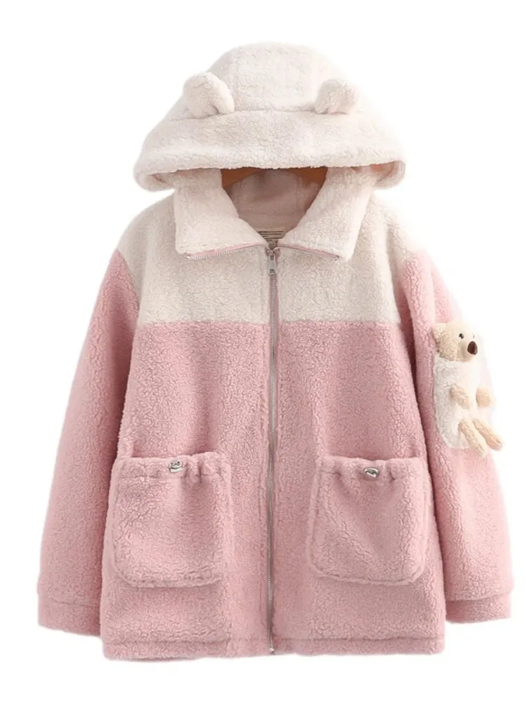 Women Wool & Blends Hooded Coats Jackets Sweet Style Cartoon Bear Appliques Harajuku Outerwear Winter Pockets Cute Tops