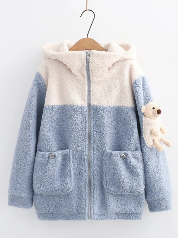 Women Wool & Blends Hooded Coats Jackets Sweet Style Cartoon Bear Appliques Harajuku Outerwear Winter Pockets Cute Tops