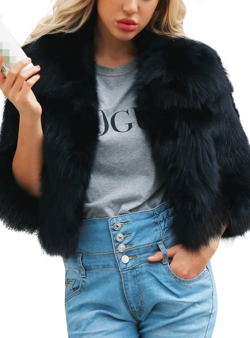 Women'S Black Fox Fur Coat Faux Fur Short Coat