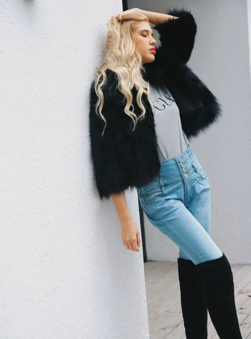 Women'S Black Fox Fur Coat Faux Fur Short Coat